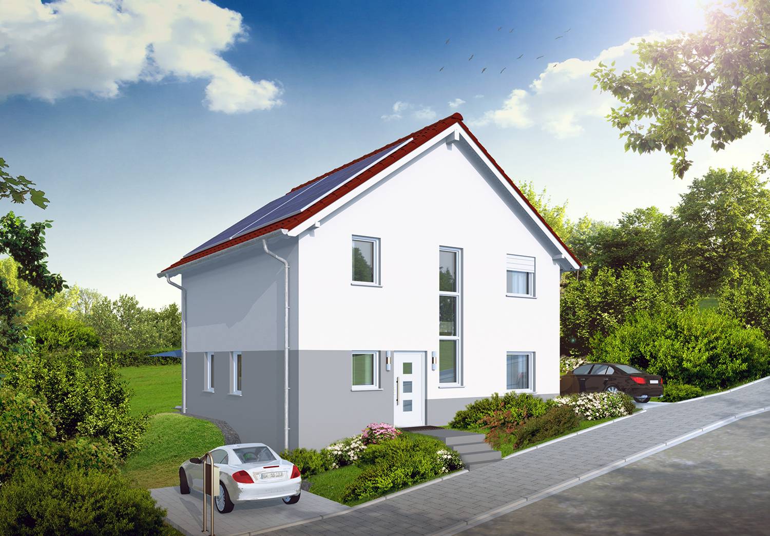 Architektur- Visualisierung für Neubau eines Einfamilienhaus in Hanglage, Ansicht Eingang von der Strassenseite, visualisiert für Brenner Immobilien aus Schifferstadt (Jahr 2021)
