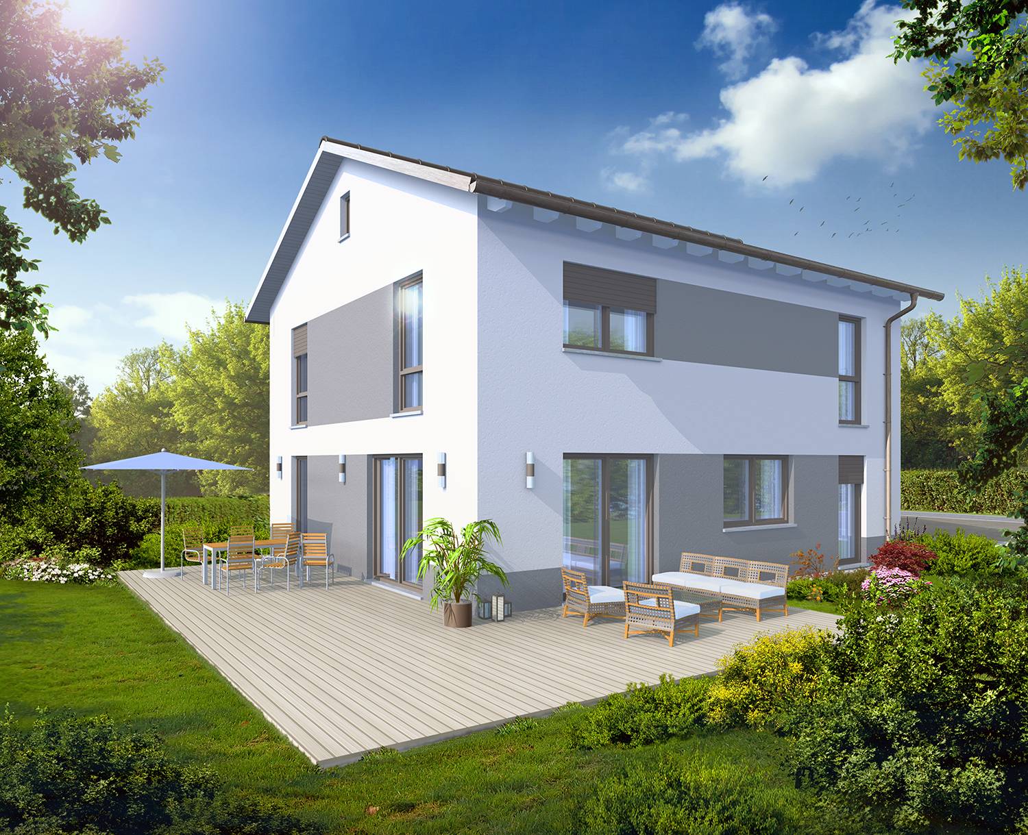 Architekturvisualisierung der Gartenseite mit Terrasse des Bauvorhabens eines Einfamilienhauses visualisiert für die Firma R+S Immobilien GmbH aus Oberasbach/Bayern (Jahr 2022)