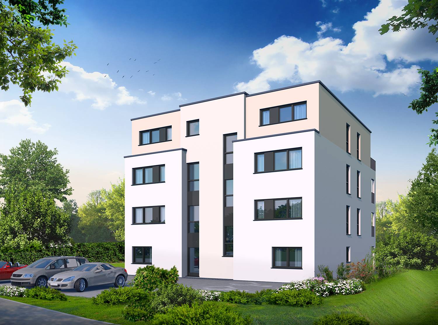 Hier eine Architekturvisualisierung eines Neubaus des Mehrfamilienhauses in Saarwellingen 4. Das Bild der Hof-Perspektive wurde von der Firma LF Projekt Management GmbH aus 66793 Saarwellingen im Jahre 2023 bestellt.