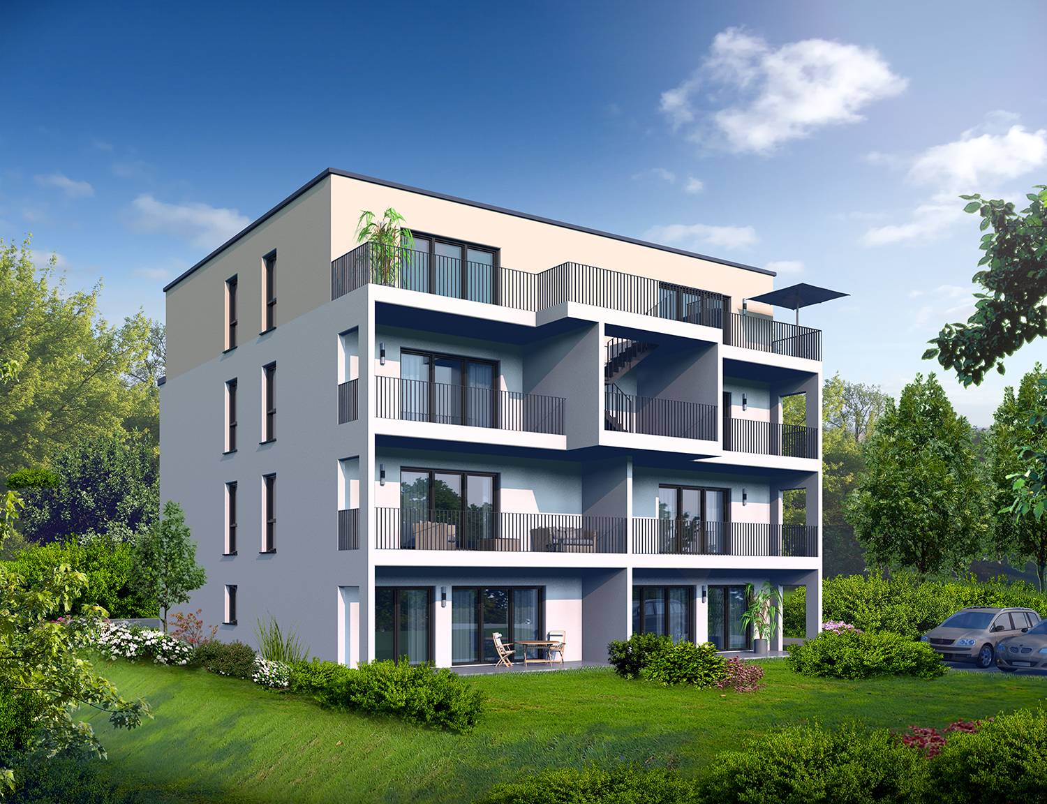 Die 3D-Architekturvisualisierung des Bauvorhabens zum Bau eines Mehrfamilienhauses in Saarwellingen 4. Die perspektivische Abbildung dieses Projektes (hier die Garten-/Terrassen-/Balkonenperspektive) beauftragte die Firma LF Projekt Management GmbH aus 66793 Saarwellingen im Jahre 2023.