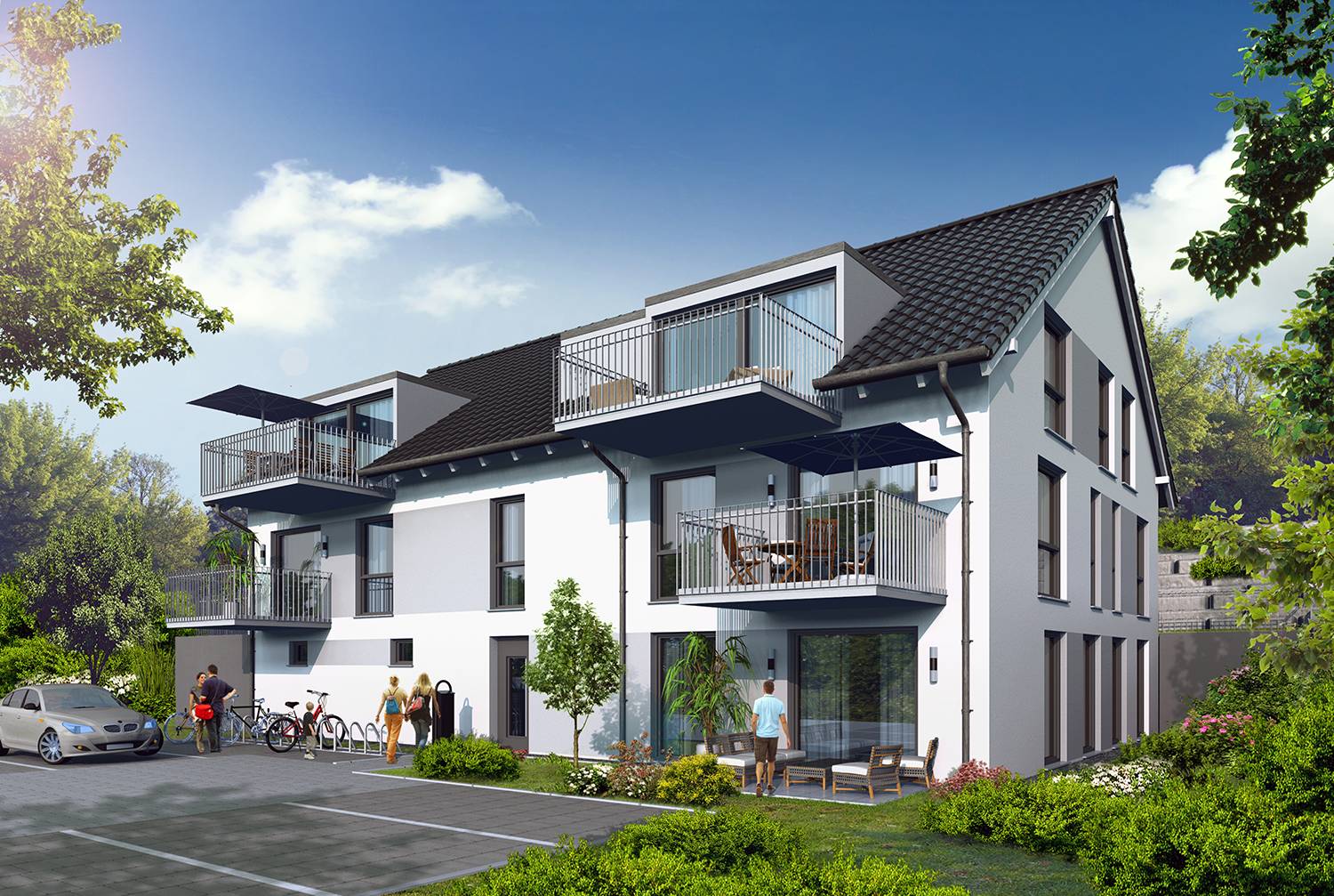 Architektur-Visualisierung eines Bauvorhabens erstellt für die Firma Arora UG / Frankfurt a. Main im Jahre 2022. Hier ist der Blick auf die Hof-/Eingangsperspektive des geplanten Mehrfamilienhauses mit 5 Wohn-Parteien abgebildet.