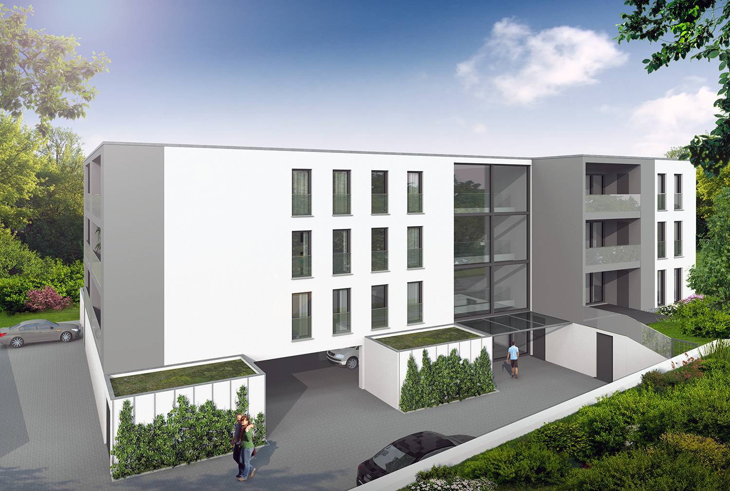 Architekturvisualisierungen eines Entwurfes der Balkonen- und Eingangsfassade eines Mehrfamilienhauses in Fleurystraße, 92224 Amberg visualisiert für die Firma Wohnraum GmbH aus 92224 Amberg (Jahr 2022)