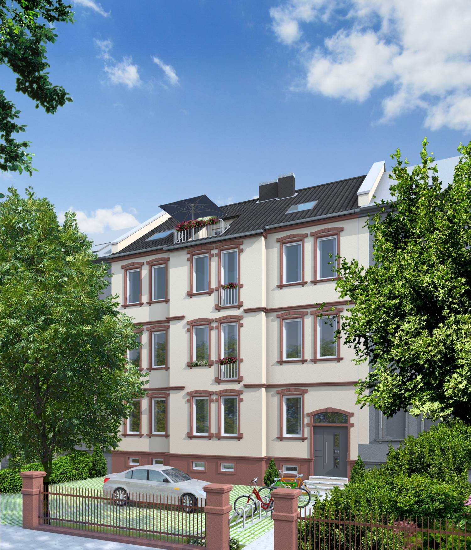 Architekturvisualisierung der Straßenfassade, Sanierung und Umbau Altbau-MFH in Frankfurter Landstraße 36, 63452 Hanau, für Burghardt Immobilien/Frankfurt am Main (2015)