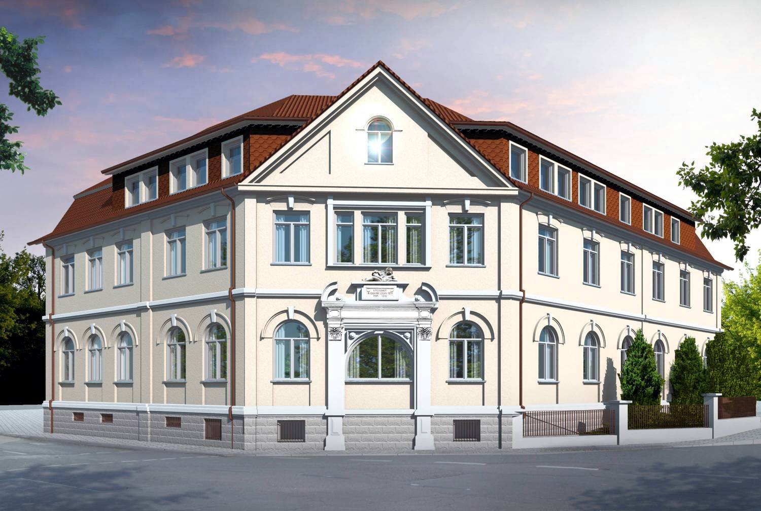 Architekturvisualisierung Straßenansicht Revitalisierung denkmalgeschütztes Gebäude in Stuttgart für Hermann Projektentwicklungs GmbH (Jahr 2013)