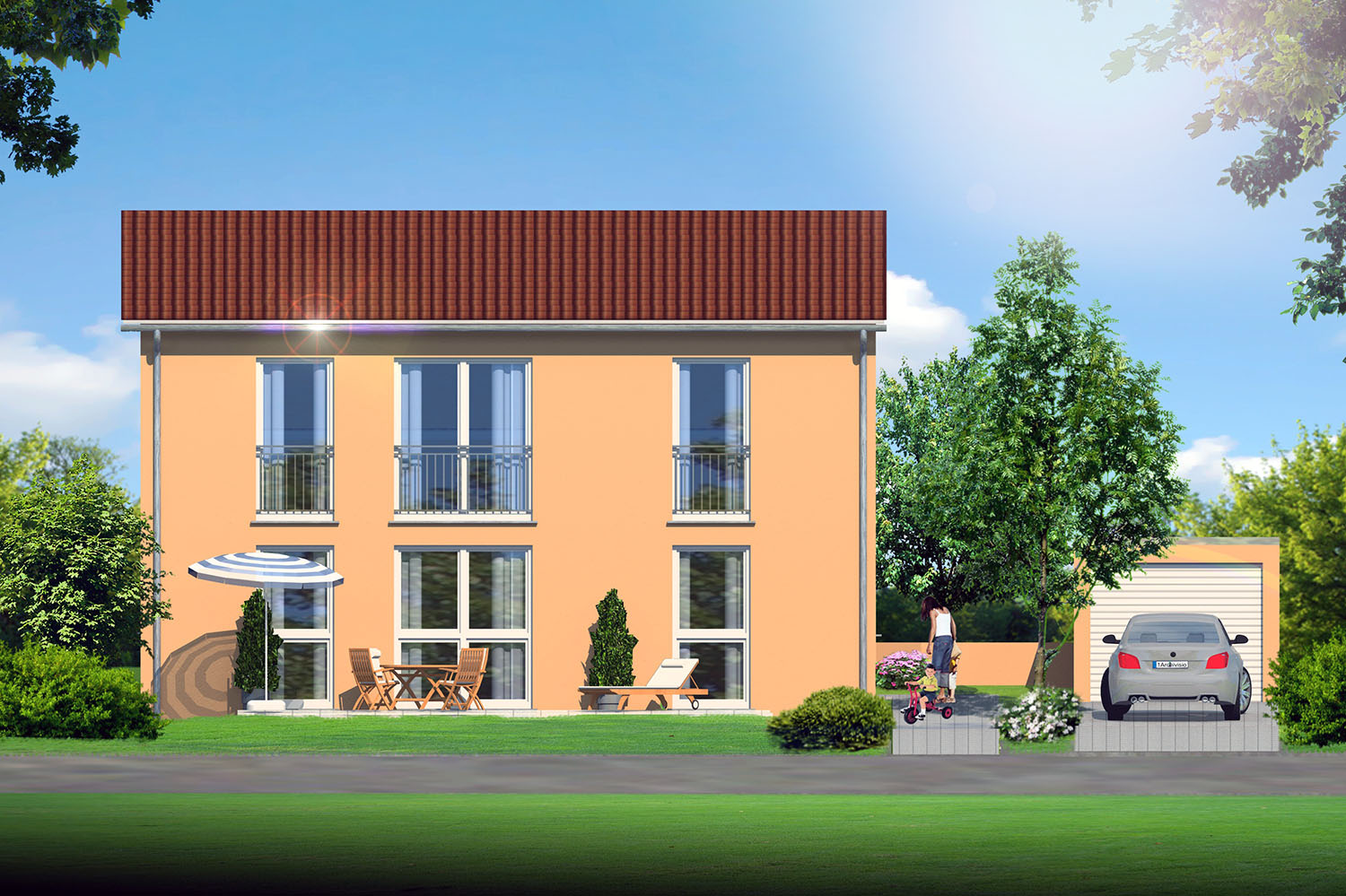Terrassenseitige Frontal-Projektion Bauvorhaben Einfamilienhaus in BUCHENWEG 16,18  86650 WEMDING für MArschWohnbau (Jahr 2009)