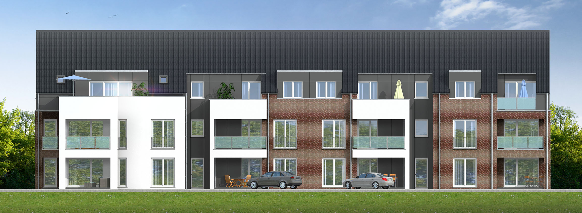 2D Südfassaden-Ansicht eines Mehrfamilienhauses erstellt für das Bauunternehmen H+F Hilbers-Bau und Handelsges. mbH & Co. KG Oststraße 6, 48301 Nottuln (Jahr 2018)