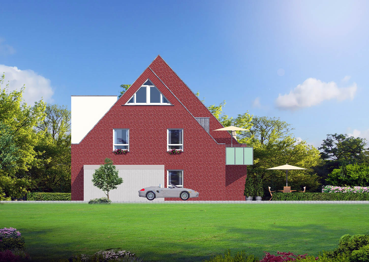 2,5D Architektur-Illustration der Nord-West Fassade des Neubaus eines 4-Familienwohnhauses in Lüdinghausen, Tüllinghofer Str.3, visualisiert für H+F Hilbers-Bau und Handelsges. mbH & Co. KG Oststraße 6, 48301 Nottuln (Jahr 2013)