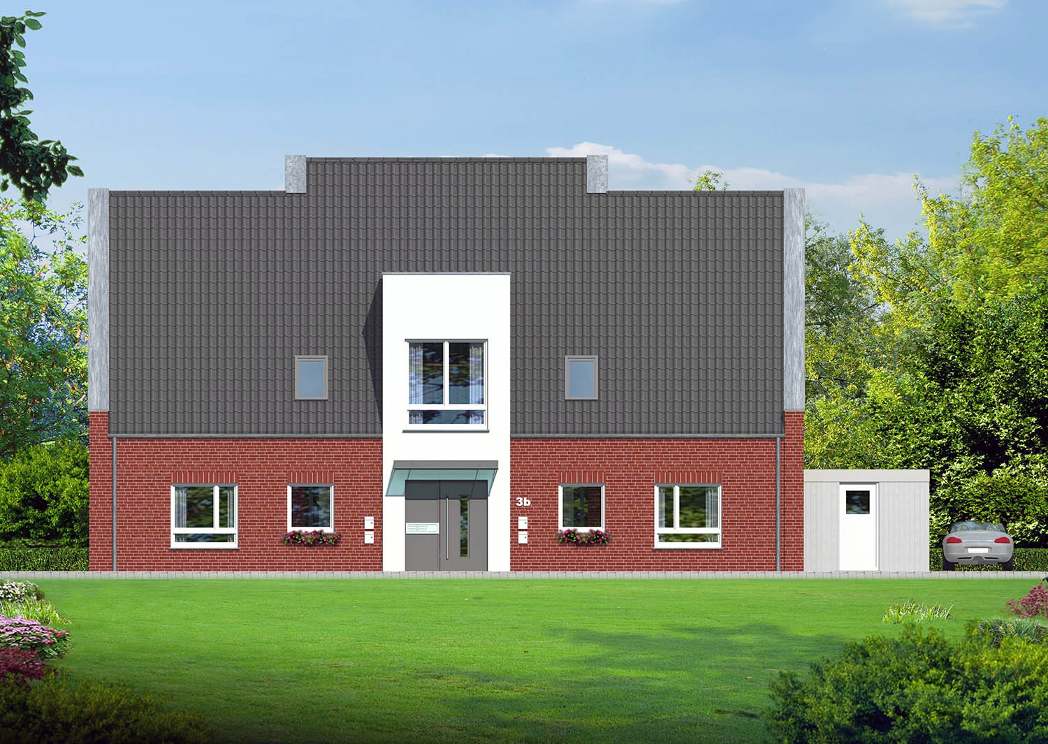 2,5D Architektur-Aufmaß der Eingangsseite des Neubaus eines  4-Familien-Wohnhauses in Lüdinghausen, Tüllinghofer Str.3, gerendert für H+F Hilbers-Bau und Handelsges. mbH & Co. KG Oststraße 6, 48301 Nottuln (Jahr 2013)