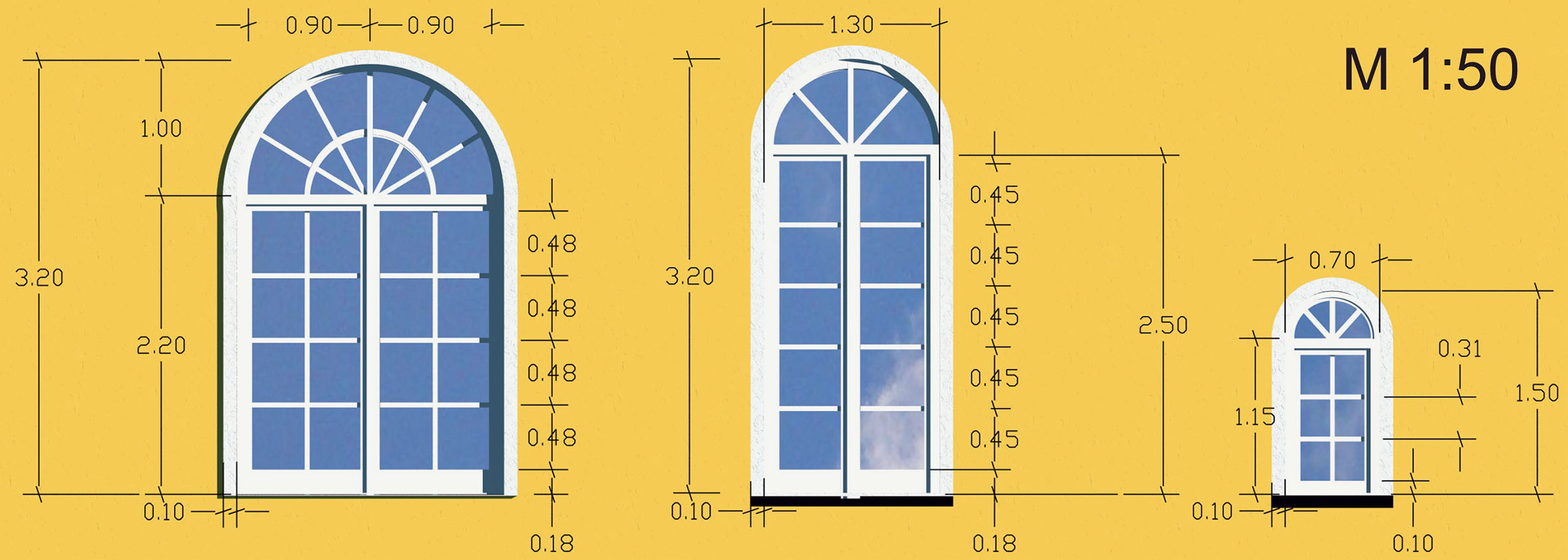 2D-Aufmass der Fenstervarianten für Projekt Ocean Palace gezeichnet für die Firma Altstadthaus GmbH (Jahr 2008)