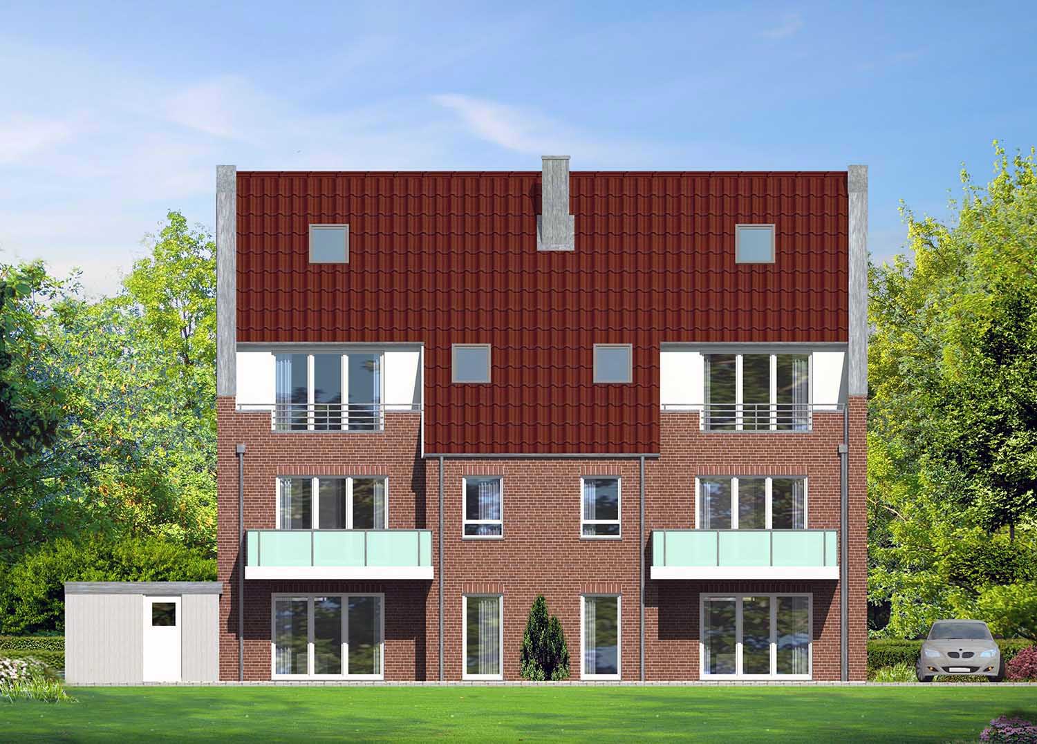 2D Ansichtsvisualisierung der Terrassenseite eines 6-Familienhauses in Lüdinghausen, Tüllinghofer Str. 3, für das Unternehmen H+F Hilbers-Bau und Handelsges. mbH & Co. KG Oststraße 6, 48301 Nottuln (Jahr 2018)