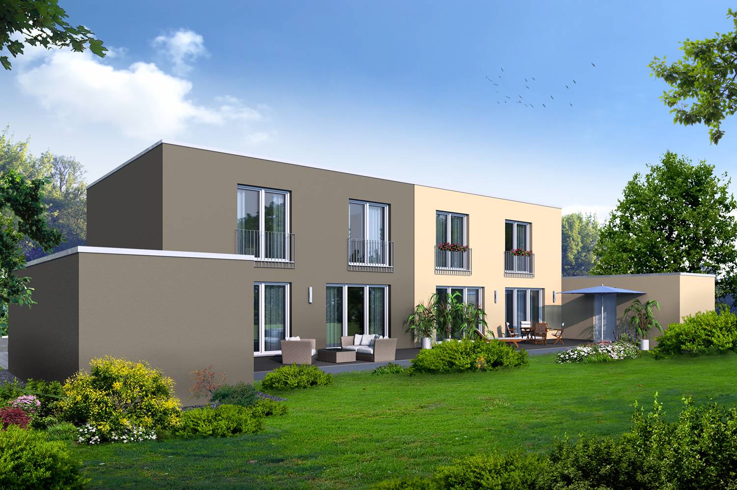 3D-Architektur-Rendering der Gartenperspektive der Neuerrichtung von zwei Doppelhaushälften mit Flachdächern und mit zwei PKW-Garagen in 52353 Düren, Fritz-Pley-Straße. Die perspektivischen Ansichten der Garten- und der Straßenseite dieses Doppelhauses wurde im Jahre 2025 von der Firma AlBa Düren GmbH aus 52349 Düren beauftragt. Hier ist die Gartenperspektive der Doppelhaushälften dargestelltt.