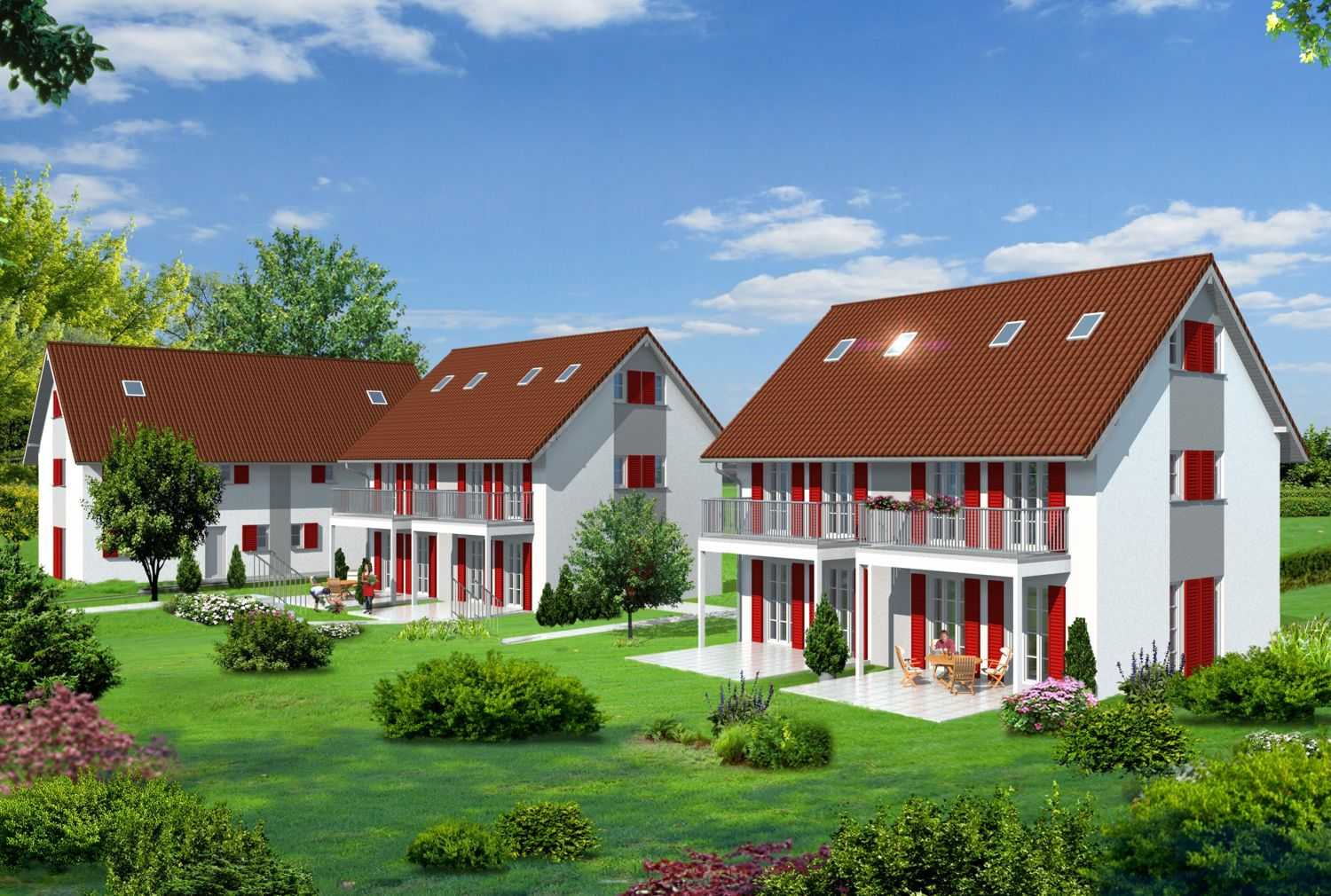 3D Architekturvisualisierung Neubau Wohnanlage bestehend aus Einfamilienhaus, Doppelhaus und Mehrfamilienhaus in Iselisberg / Schweiz, für Wirnsperger Immobilien AG / Fehraltorf / Schweiz (Jahr 2011)