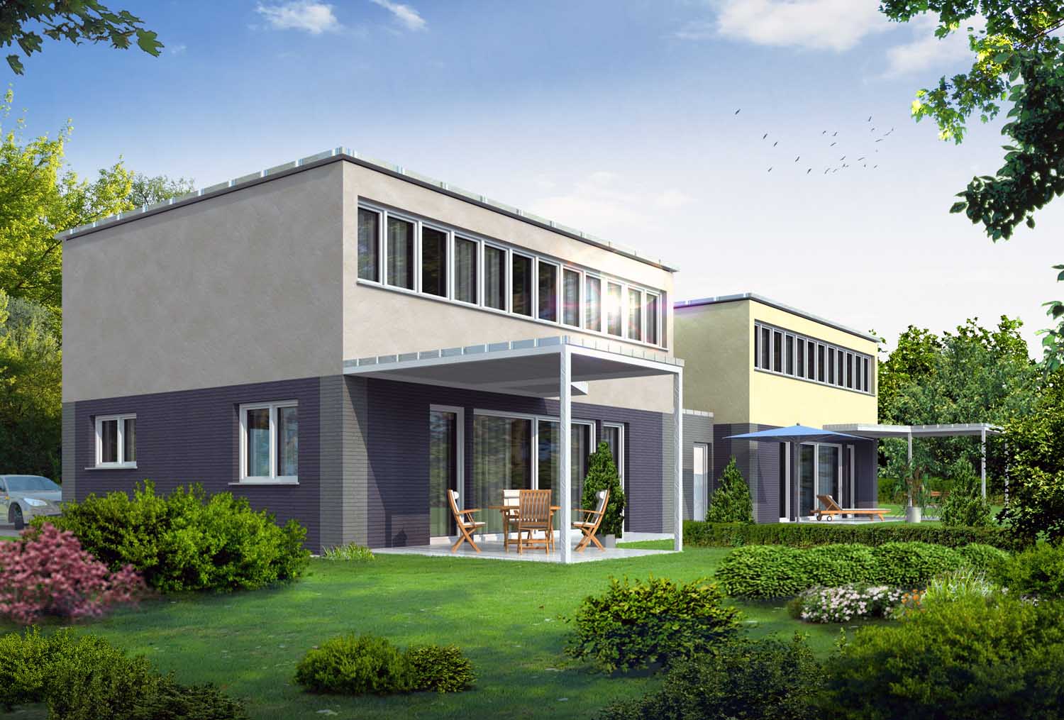 Architekturvisualisierung Terrassenseite Neubau-Projekt Doppelhaus angefertigt für die Firma Immofocus /Schweiz (2011)