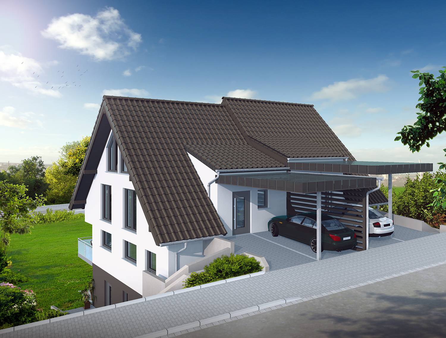 3D-Architekturvisualisierungen der Straßenseite des Bauvorhabens von einem Doppelhaus mit Einliegerwohnungen und dazu gehörenden Stellplätzen und Carports an den Hauseingängen. Die steile Hanglage erforderte eine besondere Planung des Projektes. Das Bauvorhaben wird in 77883 Ottenhöfen, Kastanienweg, Flrstr. 390 stattfinden. Die Visualisierung wurde von DomConcept GmbH aus 76537 Sinzheim im Jahre 2022 in Auftrag gegeben.