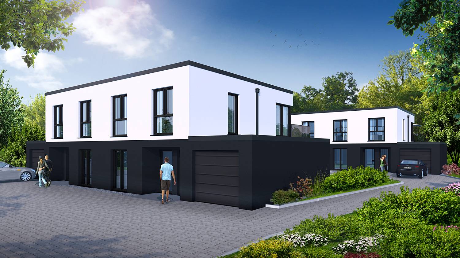 3D-Visualisierungen des Neubaus von zwei Zweifamilienhäusern mit Garagen in Verlängerte Carlbauer Straße 10 a-d, 39590 Tangermünde erstellt für private Bauherrschaft im Jahre 2022.
