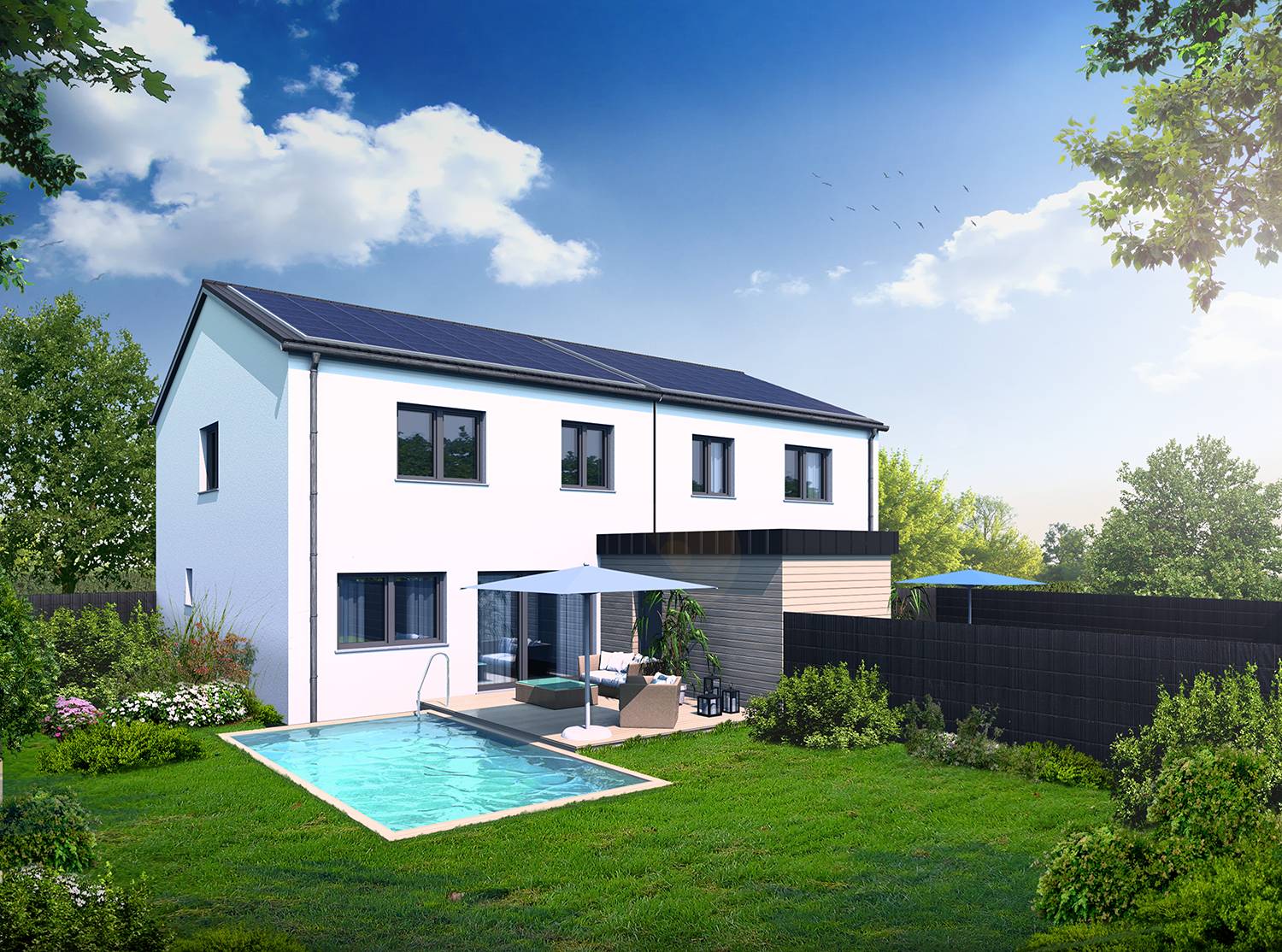 Architekturvisualisierung des Bauvorhabens zum Bau eines Doppelhauses mit Swimmingpools, Abstellraum, Einfriedungen aus Mattenstabzaun, überdachten PKW-Abstellplätzen, Gerätelagern, Solaranlagen und in Brodersdorf/Österreich. Diese Visualisierung wurde für FE Projektentwicklungs-GmbH aus 8102 Semriach im Jahre 2023 angefertigt. Hier sehen Sie die Terrassen-/ Gartenansicht der Doppelhaushälften.