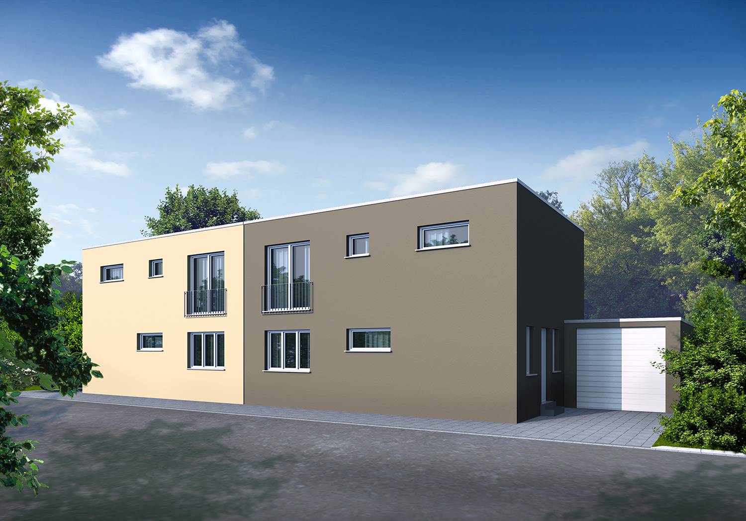 3D-Architektur-Rendering der Straßenperspektive der Neuerrichtung von zwei Doppelhaushälften mit Flachdächern und mit zwei PKW-Garagen in 52353 Düren, Fritz-Pley-Straße. Die perspektivischen Ansichten der Straßen- und Gartenseiten dieses Doppelhauses wurde im Jahre 2025 von der Firma AlBa Düren GmbH aus 52349 Düren beauftragt. Hier ist die Straßenperspektive der Doppelhaushälften abgebildet.