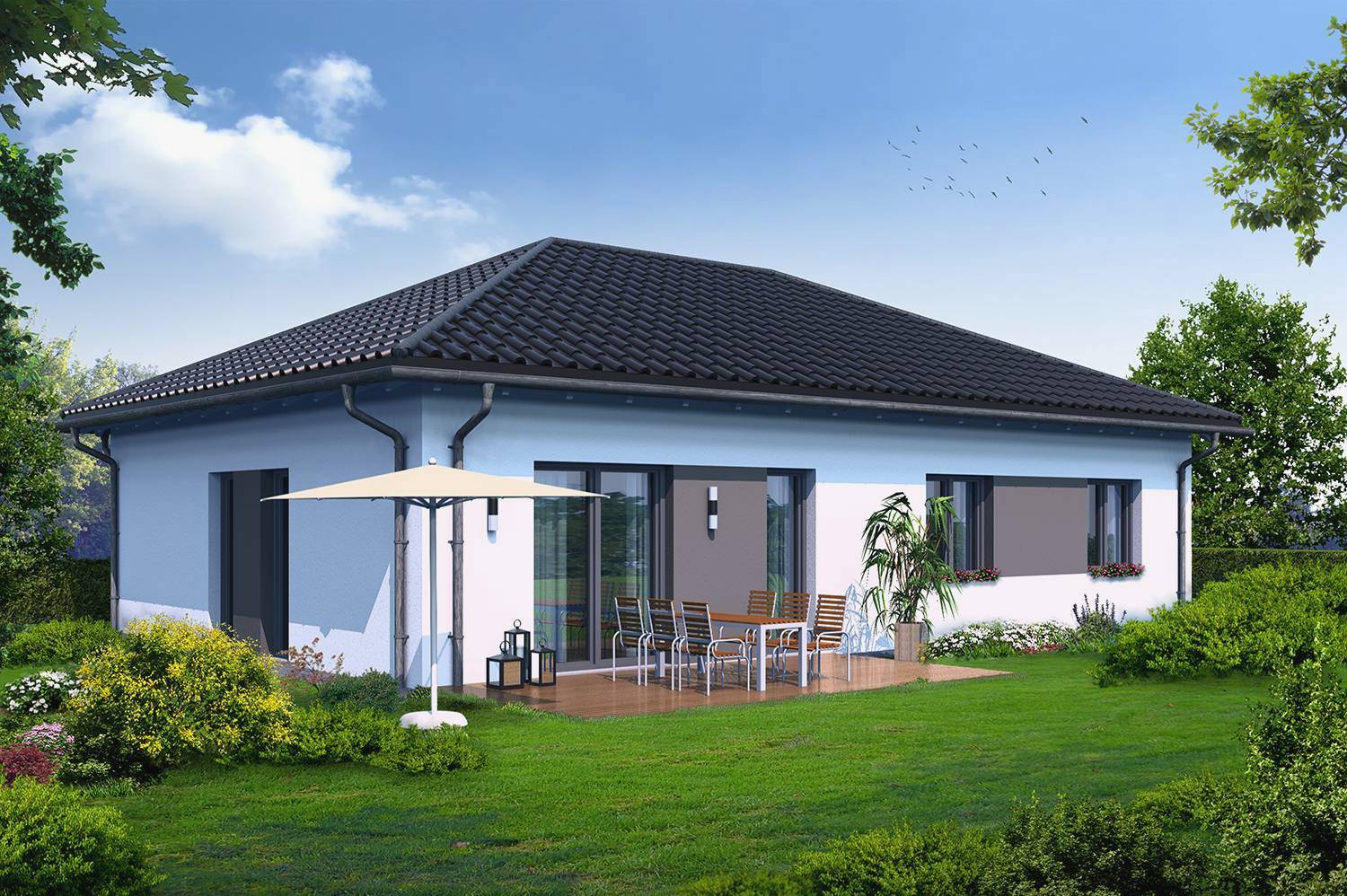 3D-Visualisierung der Gartenperspektive eines Neubaus vom Haustyp 1 in Am Kämmereiforst, 39638 Hansestadt Gardelegen. Diese Architekturvisualisierung wurde von einem privaten Bauträger im Jahre 2025 beauftragt und von 1 Archivisio erstellt.