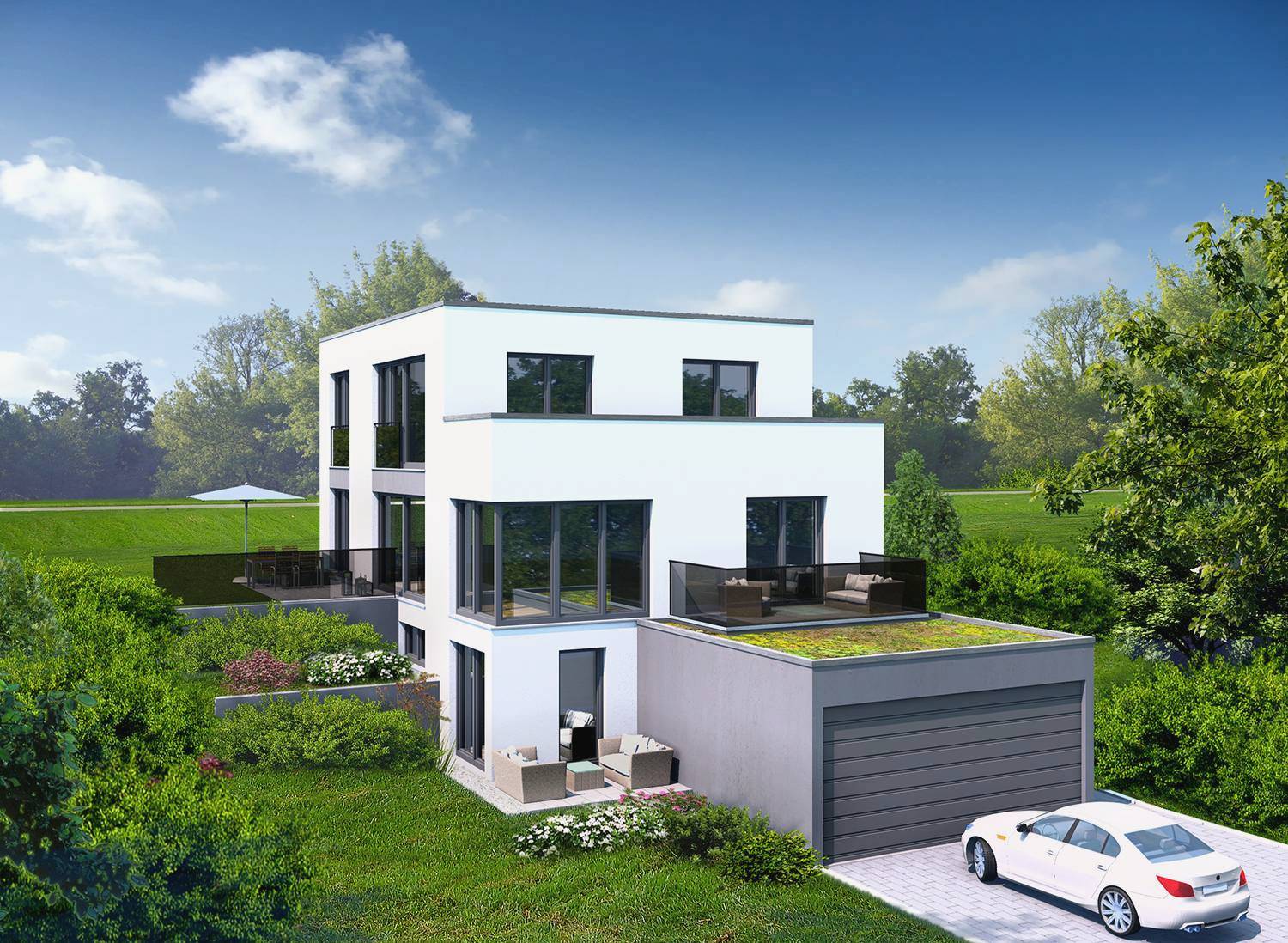 3D-Architekturvisualisierung vom Neubau eines Einfamilienhauses in Hanglage in Weinbergweg, Remseck-Hochberg. Diese 3D-Visualisierung wurde von Smart Living GmbH aus 71686 Remseck beauftragt und im Jahre 2024 visualisiert. Die Herausforderung für die Planung dieses Objektes war die harmonische Integration des EFH in den Hang mit gleichzeitigem Zugang zum Gebäude von der unteren und oberen Ebene des Hanges. Hier ist die Sicht auf die untere Ebene mit der Garage abgebildet.