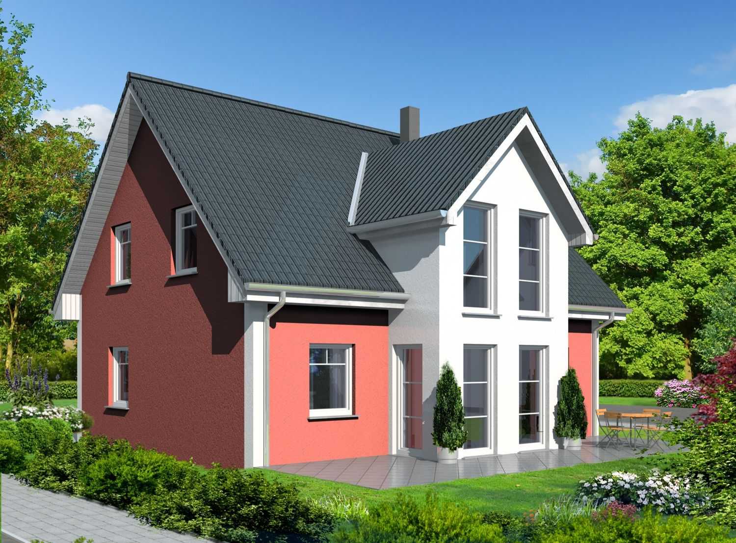 Architekturvisualisierung Terrassenfassaden eines Muster-Einfamilienhauses mit Satteldach für die Firma BRALE (Jahr 2011)