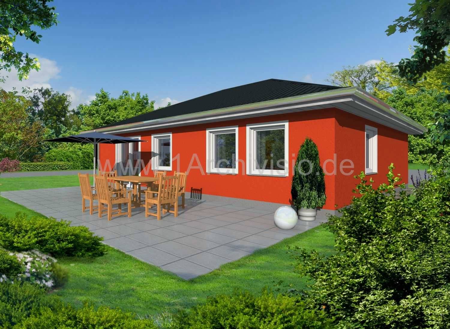 Architekturvisualisierung Gartenseite Walmdach-Bungalow mit Swimmingpool für die Firma BRALE (Jahr 2011)