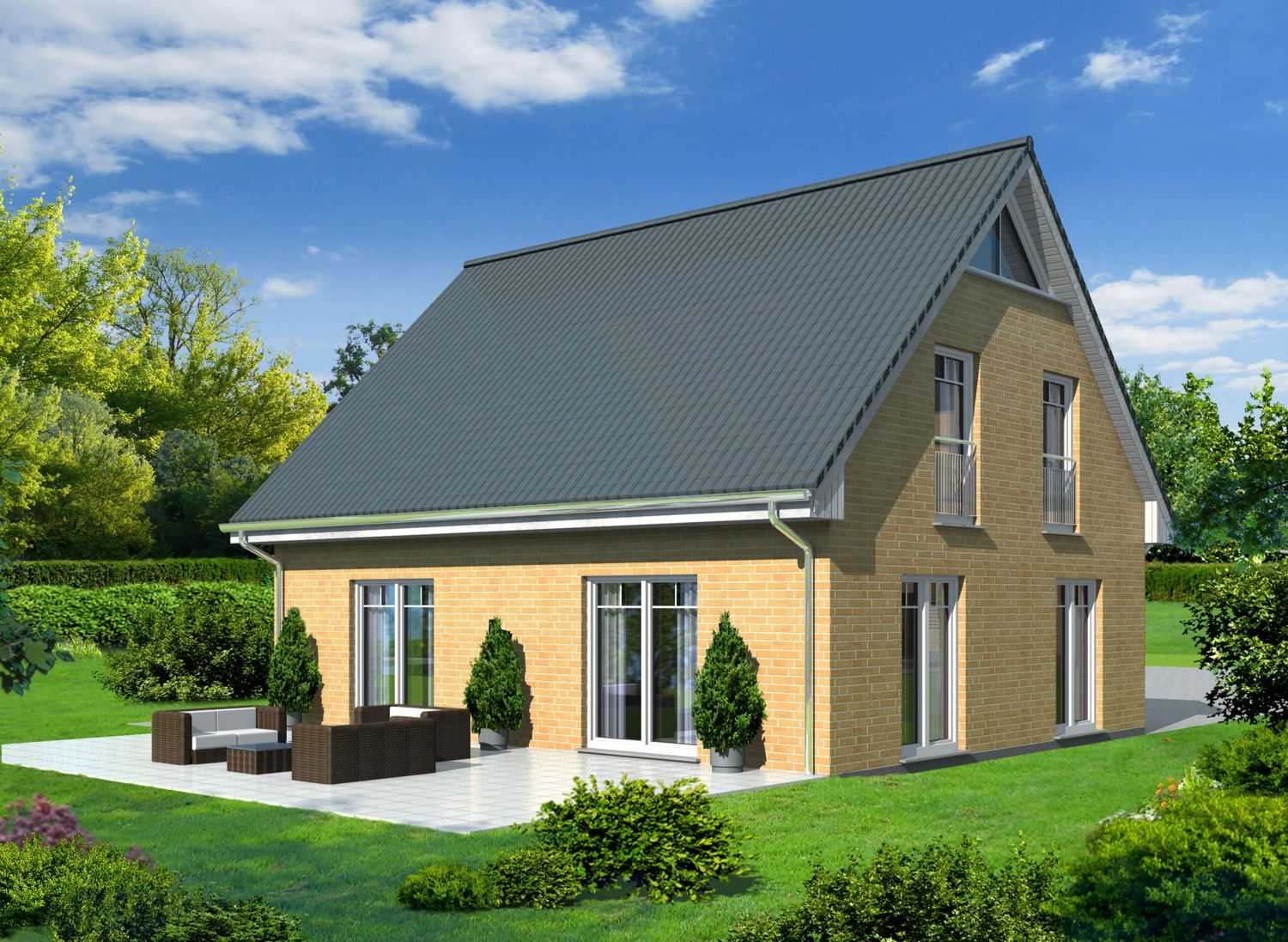 Architekturvisualisierung  eines Muster-Einfamilienhauses mit Satteldach und Fassaden aus Klinker für die Firma BRALE (Jahr 2011)