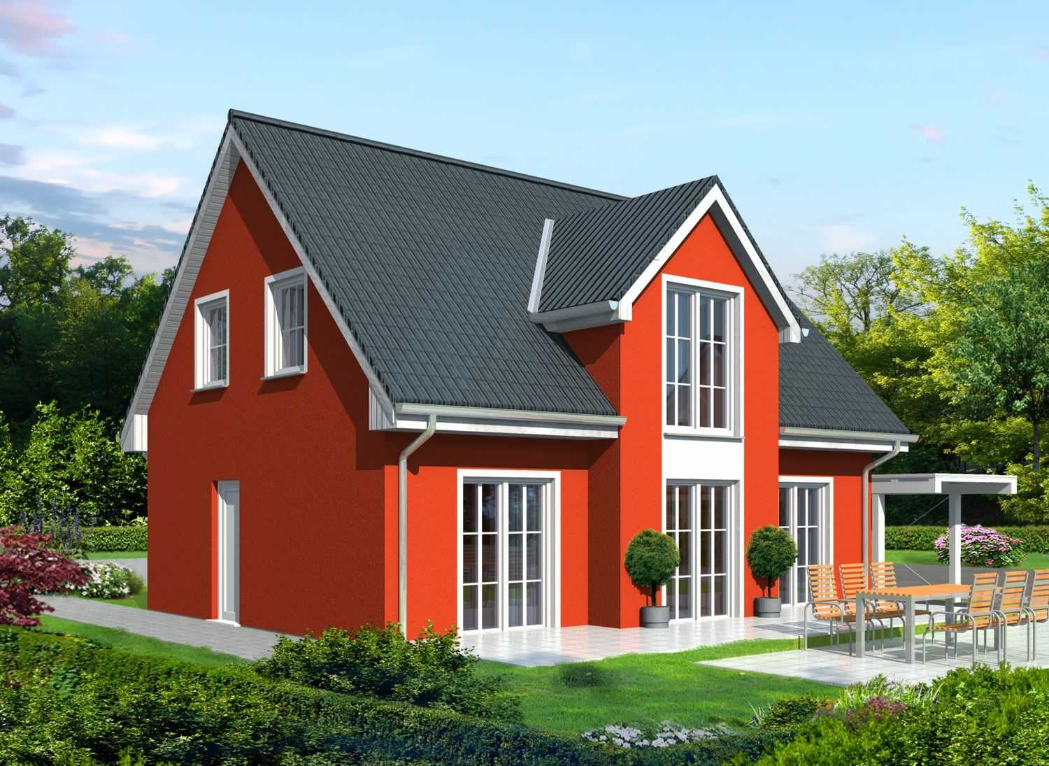 3D-Visualisierung eines eingeschossigen Muster-Einfamilienhauses mit Satteldach und Gauben-Vorbau der Firma BRALE (Jahr 2011)