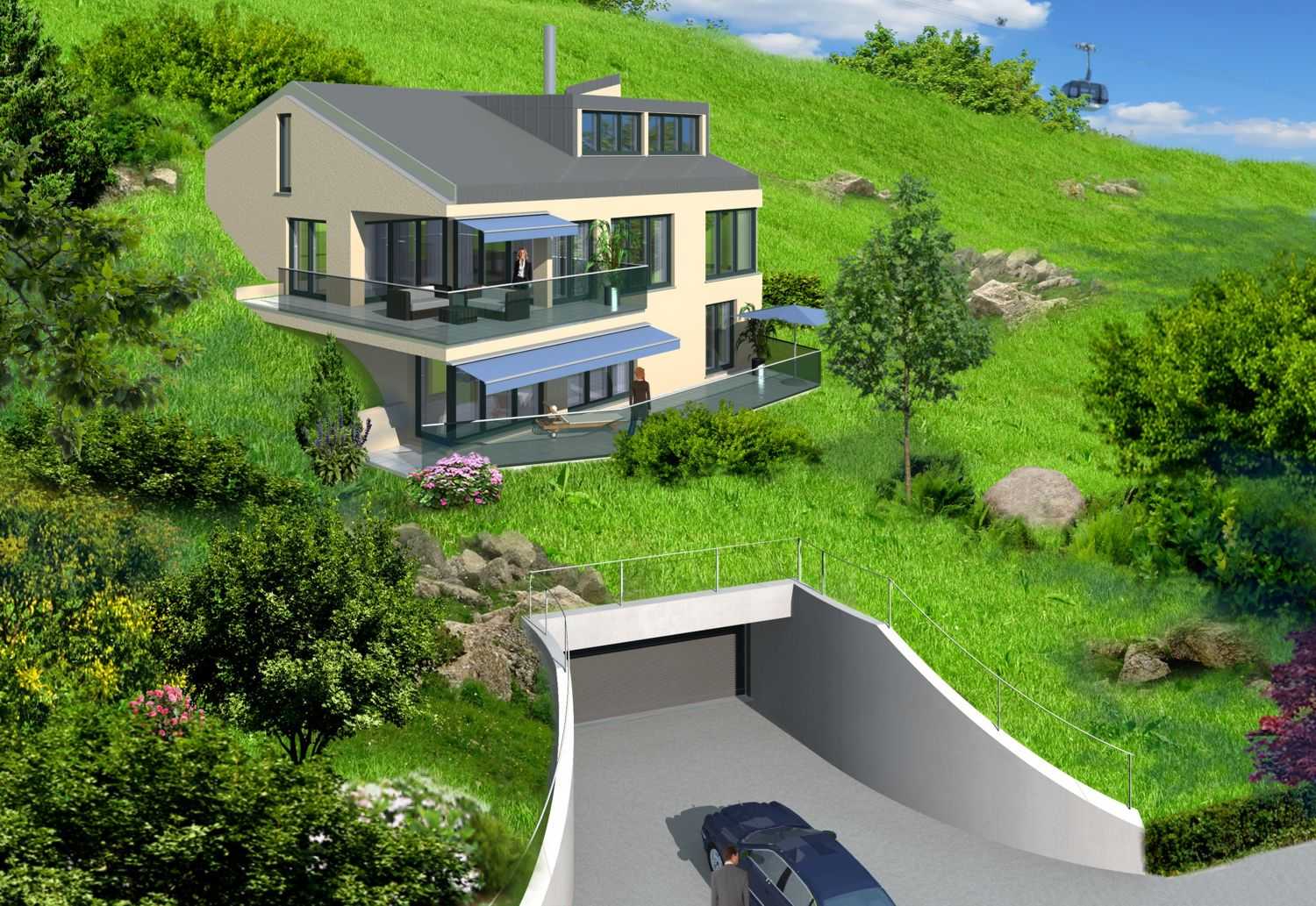 3D-Architekturvisualisierungen (hier die Südansicht der Balkonen-/Terrassenseite) eines modernen Architekten-Einfamilienhauses in Weggis /Schweiz für Wirnsperger Immobilien AG / Schweiz (Jahr 2011)