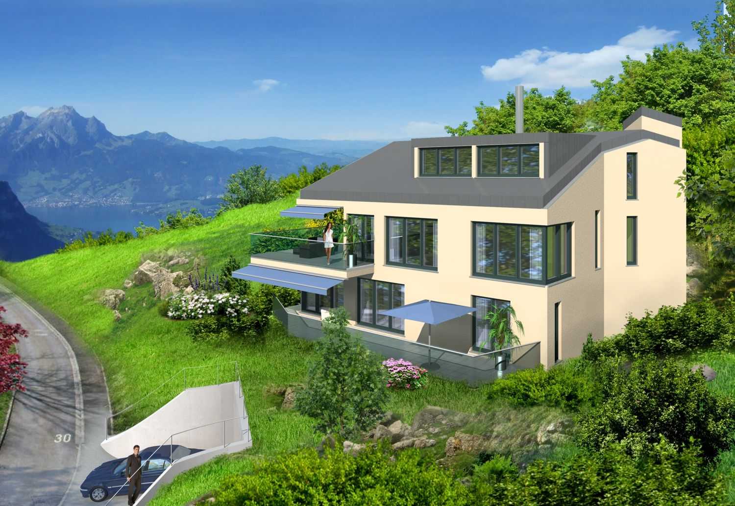 West-Ansicht der Balkonen-/Terrassenseite eines modernen Architekten-Einfamilienhauses in Weggis /Schweiz für Wirnsperger Immobilien AG / Schweiz als 3D-Architekturvisualisierung (Jahr 2011)