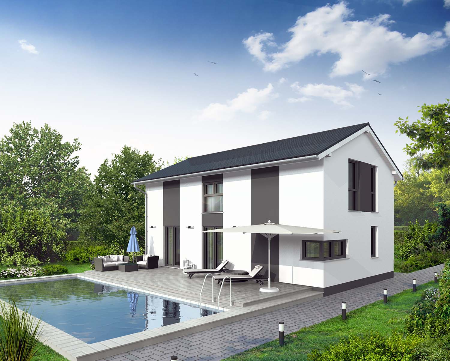 3D Architektur Visualisierung Terrassenseite Einfamilienhaus für die Firma BRALE (Jahr 2018)