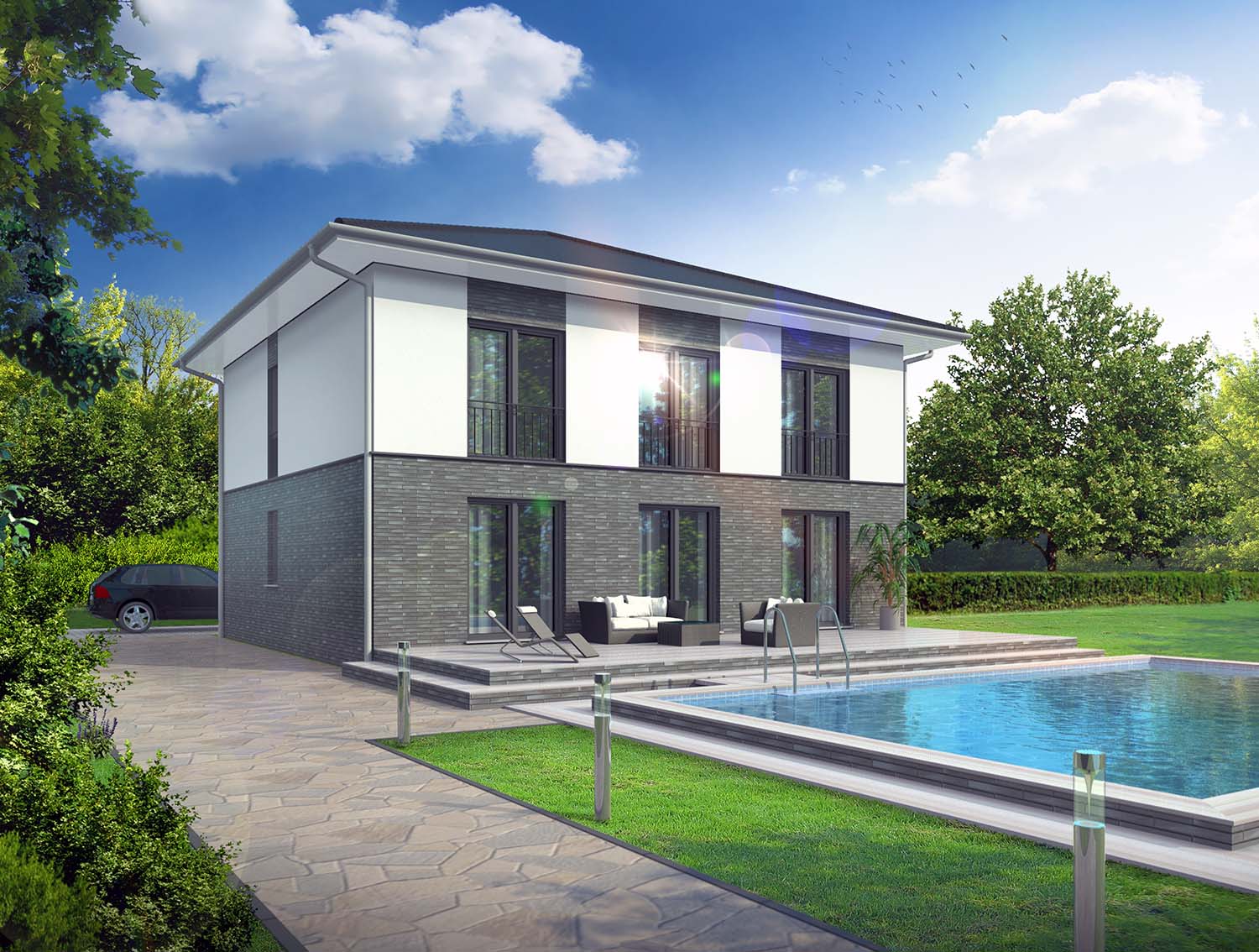 Architekturvisualisierung Gartenseite Villa mit Swimmingpool für die Firma BRALE (Jahr 2016)