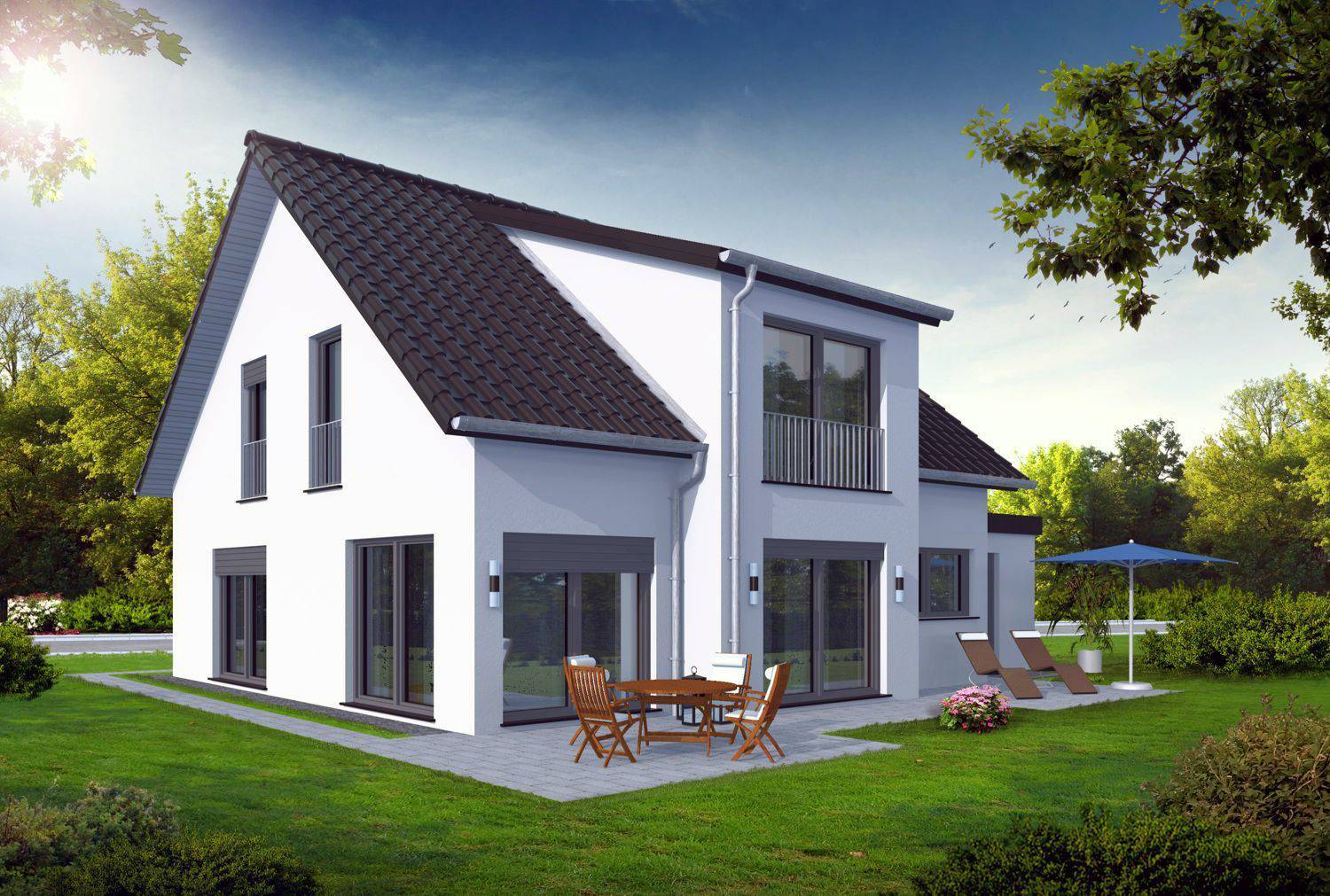 Architekturvisualisierung Terrassenseite Bauvorhaben Neubau Wohnhaus mit 2 WE in 57392 Schmallenberg für Immobau Massivhaus GmbH aus Schmallenberg (Jahr 2021)