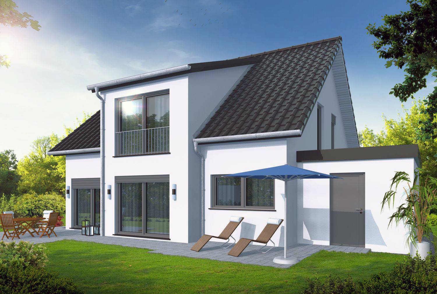 Architekturvisualisierung Gartenseite Bauvorhaben Neubau Wohnhaus mit 2 WE in 57392 Schmallenberg für Immobau Massivhaus GmbH aus Schmallenberg (Jahr 2021)