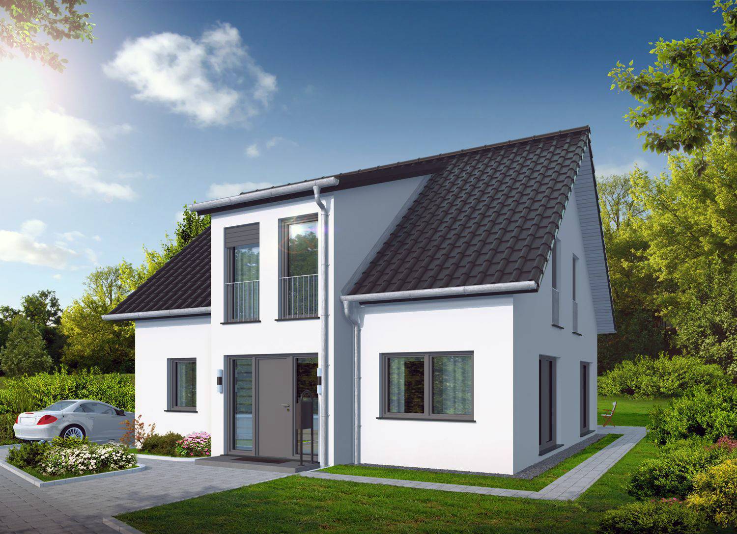 Architekturvisualisierung Eingangsseite Bauvorhaben Neubau Wohnhaus mit 2 WE in 57392 Schmallenberg für Immobau Massivhaus GmbH aus Schmallenberg (Jahr 2021)
