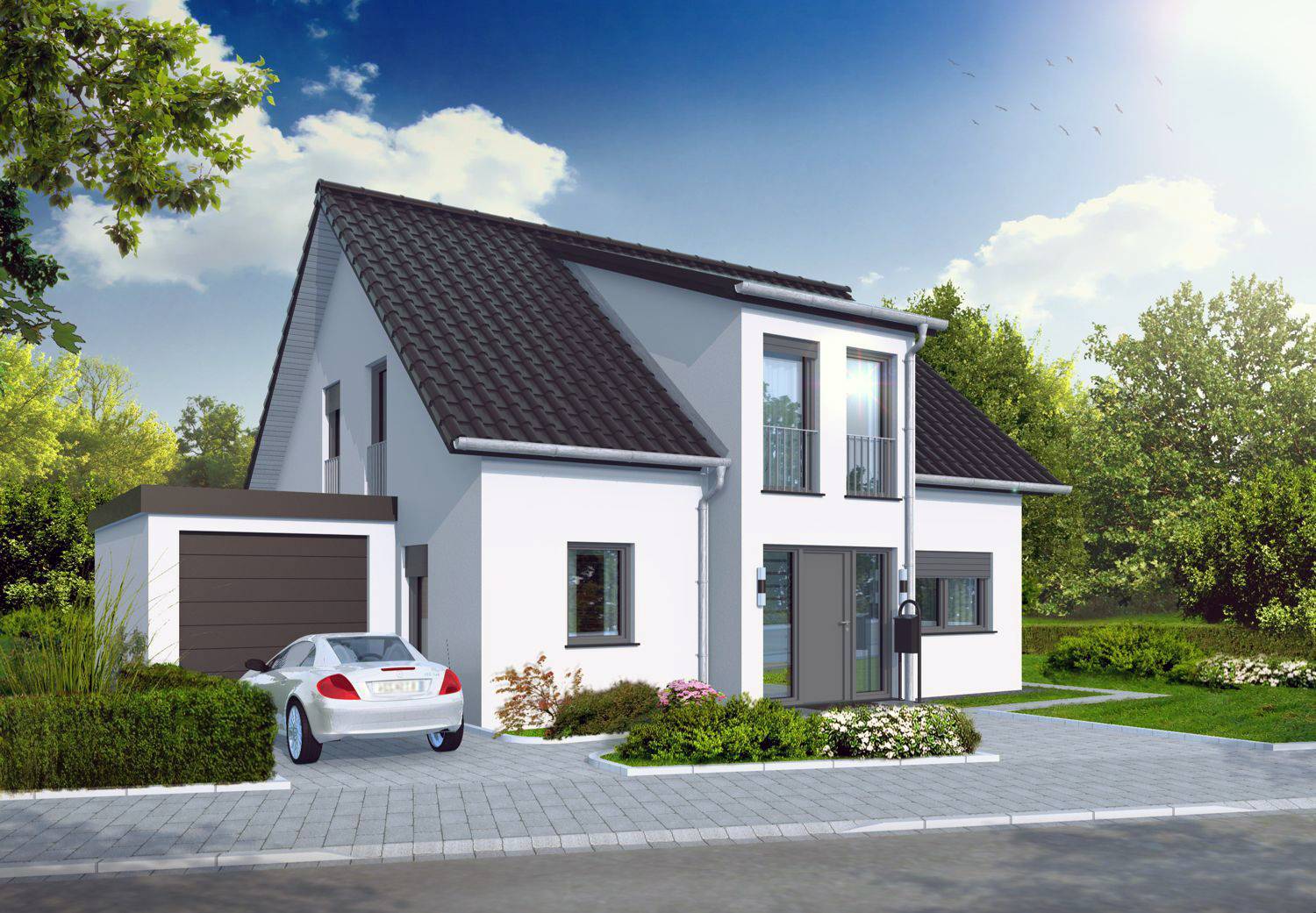 Architekturvisualisierung Straßenseite Bauvorhaben Neubau Wohnhaus mit 2 WE in 57392 Schmallenberg für Immobau Massivhaus GmbH aus Schmallenberg (Jahr 2021)