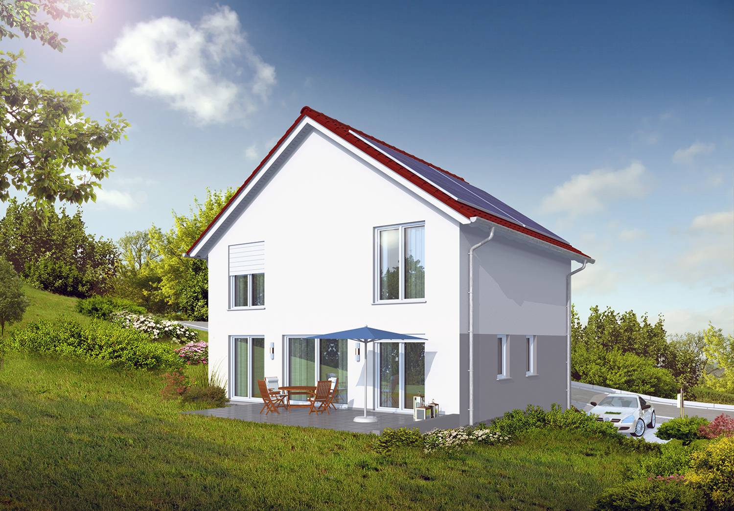 3D-Architekturvisualisierung Bauvorhaben für ein Einfamilienhaus mit 2 Stellplätzen am Hang, Ansicht Terrassen- bzw. Gartenseite, gerendert für Brenner Immobilien/Schifferstadt (Jahr 2021)