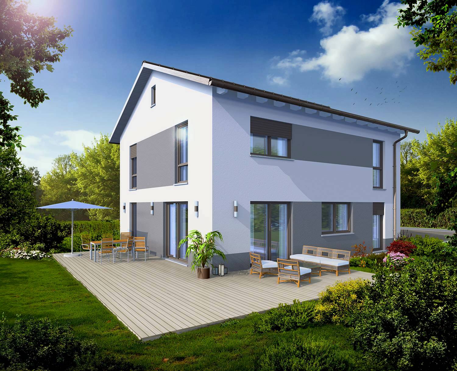 Architekturvisualisierung der Gartenseite mit Terrasse des Bauvorhabens eines Einfamilienhauses visualisiert für die Firma R+S Immobilien GmbH aus Oberasbach/Bayern (Jahr 2022)