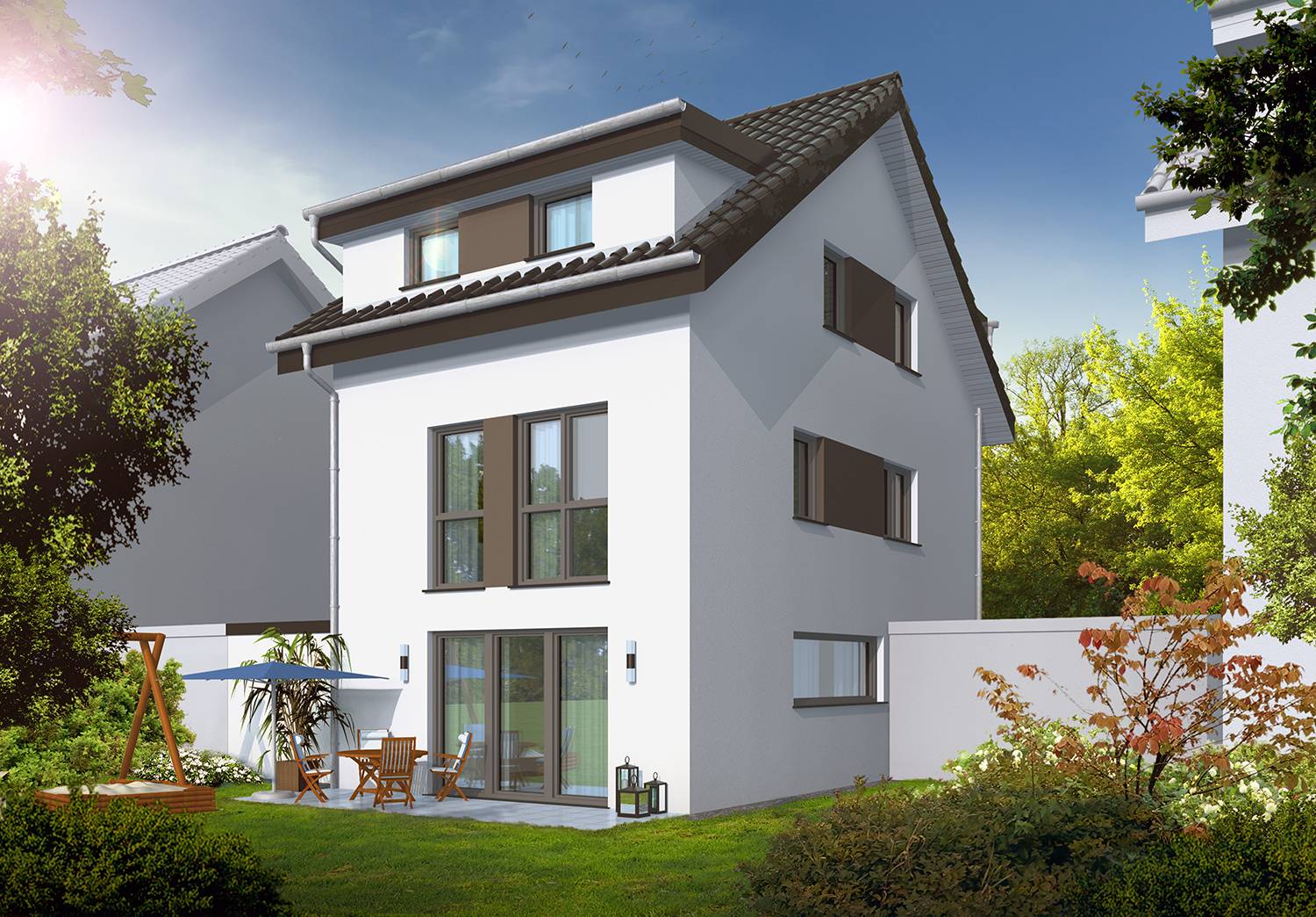 3D-Architekturvisualisierung der Terrassen-/Gartenseite des Neubaus eines Einfamilienhauses mit Garage in Wielandstraße 975417 Mühlacker. Die Beauftragung der Visualisierung erfolgte von DomConcept GmbH aus 76537 Sinzheim im Jahre 2022.