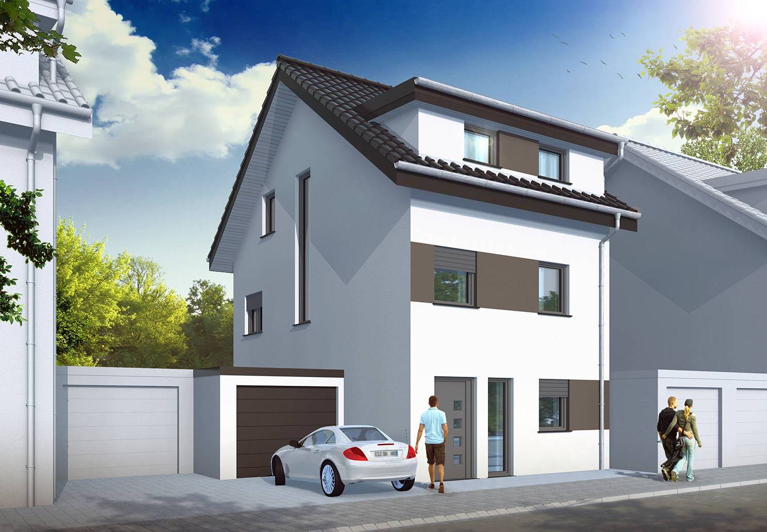 3D-Architekturvisualisierung der Straßenfassade des Neubaus eines Einfamilienhauses mit Garage in Wielandstraße 975417 Mühlacker. Die Beauftragung der Visualisierung erfolgte von DomConcept GmbH aus 76537 Sinzheim im Jahre 2022.