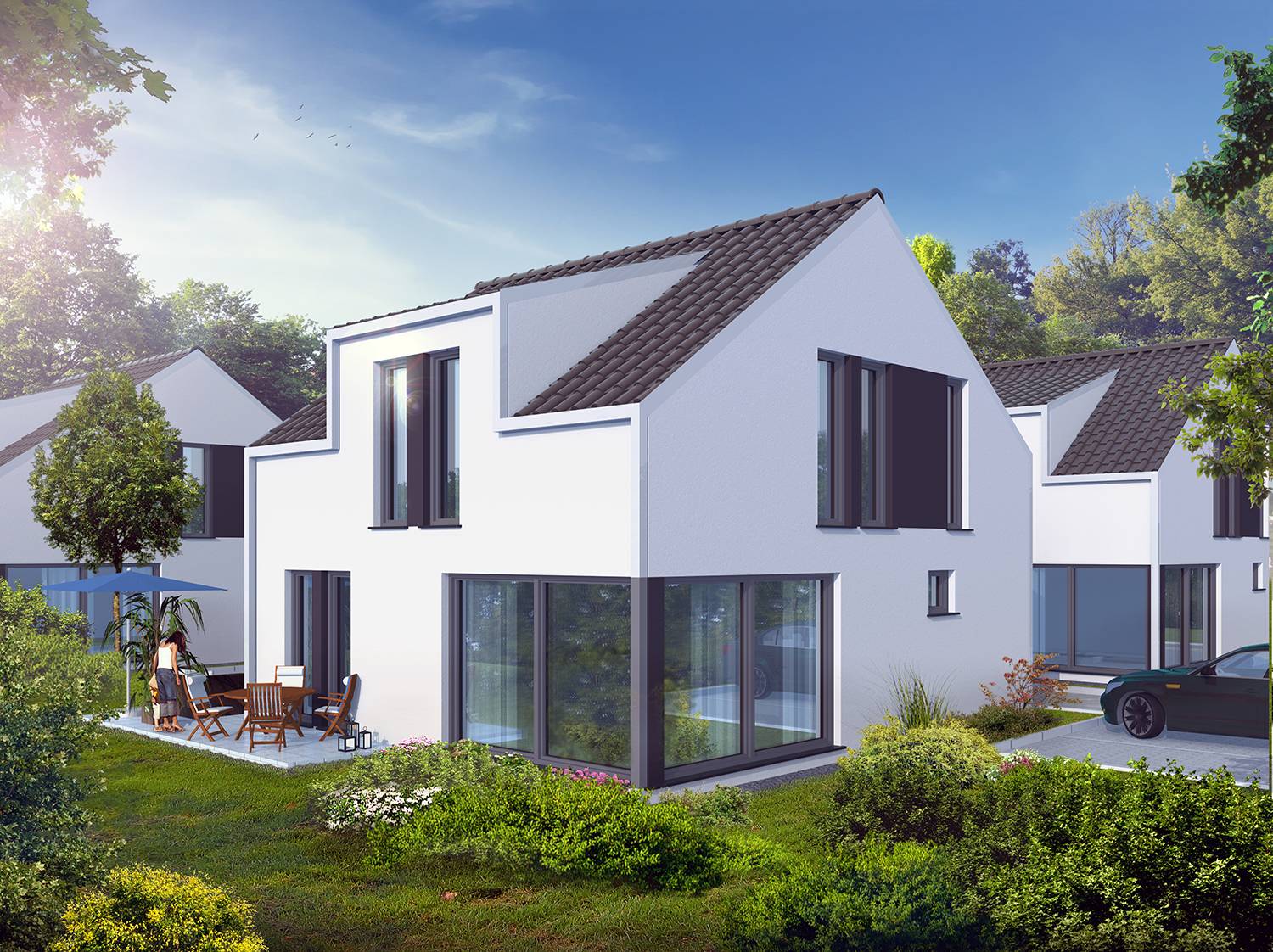Architekturvisualisierungen in 3D der Gartenansicht eines neu geplanten Einfamilienhauses in einer Kleinsiedlung bestehend aus 4 ähnlichen EFH in Oestrich-Winkel für die Firma Arora UG / Frankfurt a. Main. Die Visualisierung wurde im Jahre 2022 erstellt