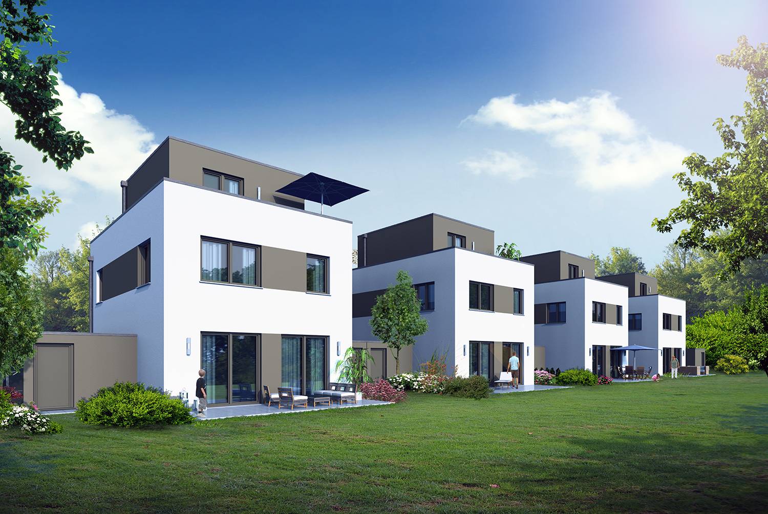 3D-Visualisierungen Garten-/Terrassenperspektive des Bauvorhabens vom Neubau einer Einfamilienhaussiedlung bestehend aus 4 Einheiten (EFH mit Garage), konzipiert für Löwenkamp & Heinrichs Unternehmensgruppe aus 52379 Langerwehe im Jahre 2022
