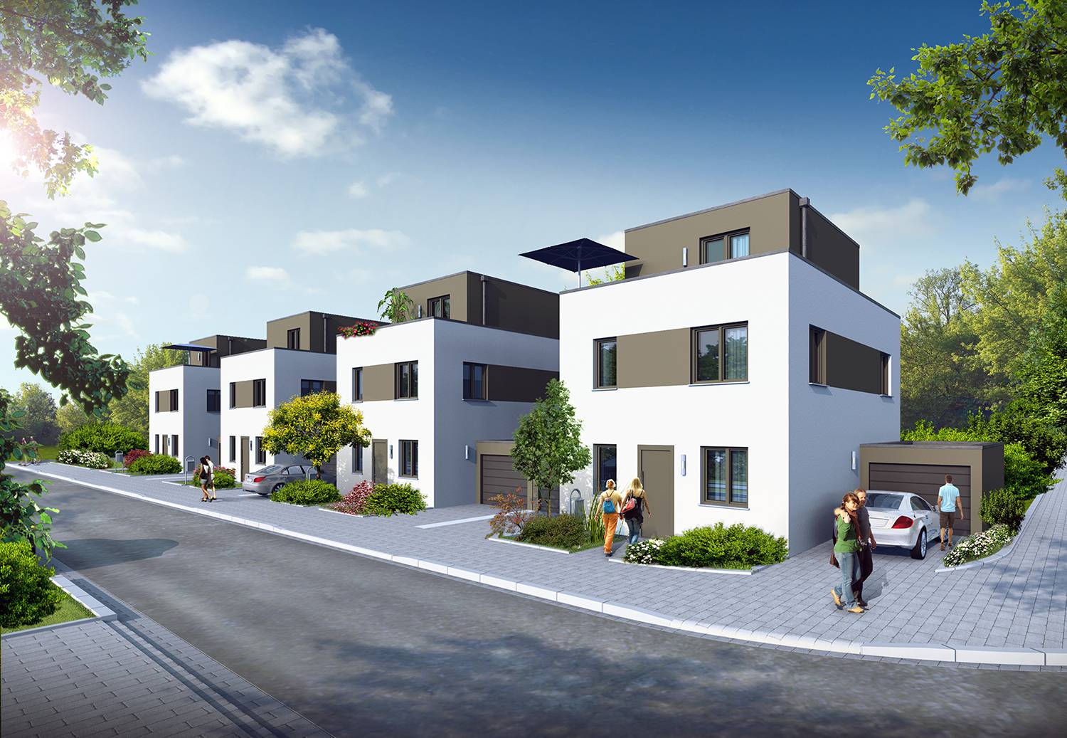 3D-Architekturvisualisierungen Eingans-/Straßenansicht eines Bauvorhabens des Neubaus einer Einfamilienhaus-Reihe bestehend aus 4 Einheiten (EFH mit Garage), visualisiert für Löwenkamp & Heinrichs Unternehmensgruppe aus 52379 Langerwehe im Jahre 2022