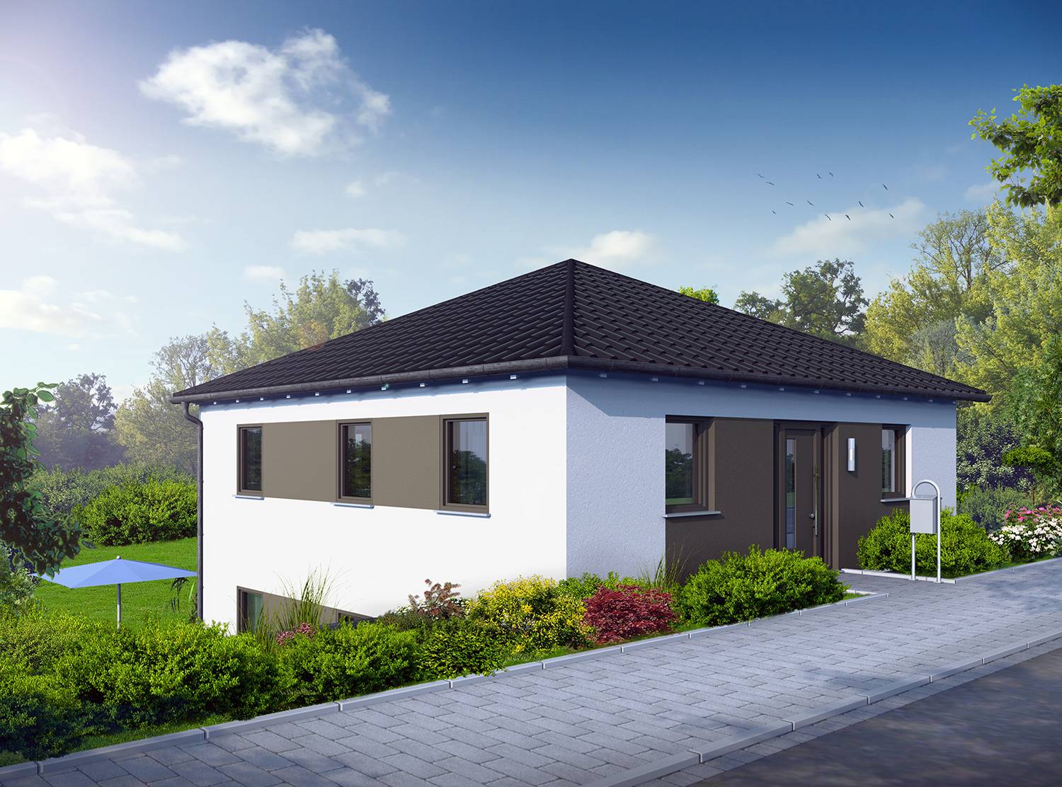 Architekturvisualisierungen Straßen-/Eingangssituation eines am Hang gebauten Einfamilienhauses mit Zeltdach bestellt von der Firma MOSELBAU - SCHLÜSSELFERTIGES BAUEN - GMBH im Jahre 2023.