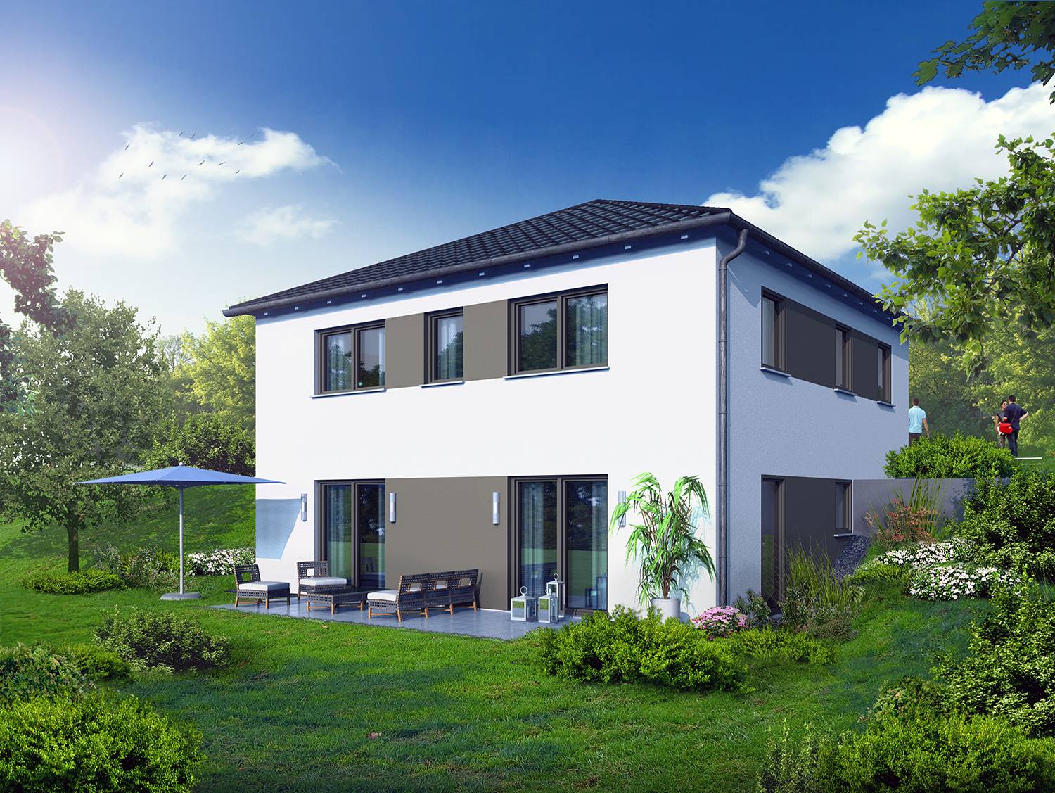 Architekturvisualisierungen Garten-/Terrassensituation eines am Hang gebauten Einfamilienhauses mit Zeltdach, bestellt von der Firma MOSELBAU - SCHLÜSSELFERTIGES BAUEN - GMBH im Jahre 2023.