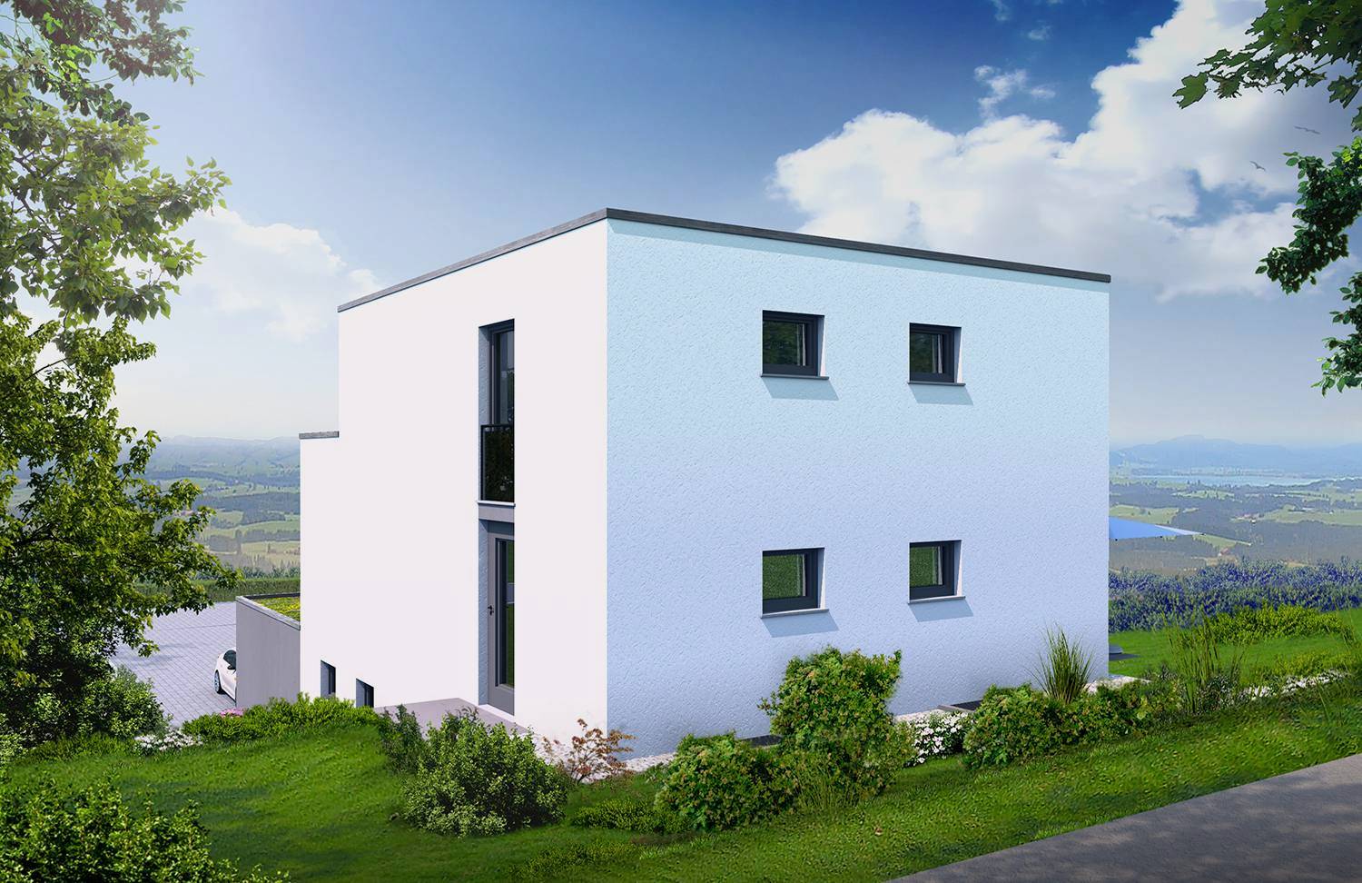 Architekturvisualisierung des Neubaus eines Einfamilienhauses am Hang geplant für den Bau in Weinbergweg, Remseck-Hochberg. Diese 3D-Architekturvisualisierung wurde von Smart Living GmbH aus 71686 Remseck beauftragt und im Jahre 2024 visualisiert. Die Herausforderung für die Planung dieses Objektes war die harmonische Integration des Einfamilienhauses in den Hang mit gleichzeitigem Zugang zum Gebäude von der unteren und oberen Ebene des Hanges. Hier ist die Sicht auf die obere Ebene unweit von einem Feldweg dargestellt. Aus dieser Perspektive, und auch aus den Fenstern des Hauses öffnet sich ein wunderschöner Weitblick bis zum Horizont.