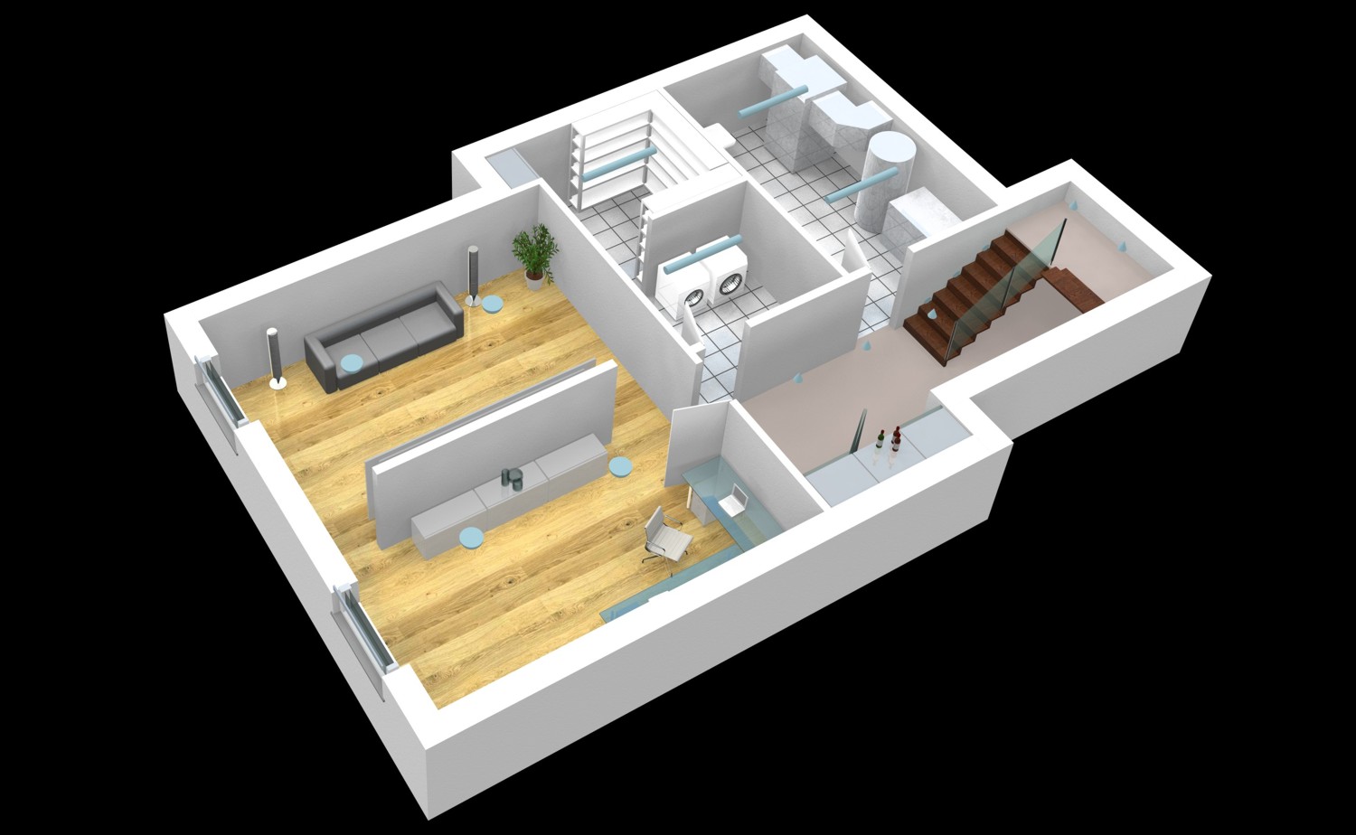 3D Architekturvisualisierung Grundriss Kellergeschoss für interaktives Touch-Display mit Licht-, Jalousien-Steuerung eines e-houses für iTrain GmbH, Switzerland (Jahr 2009)