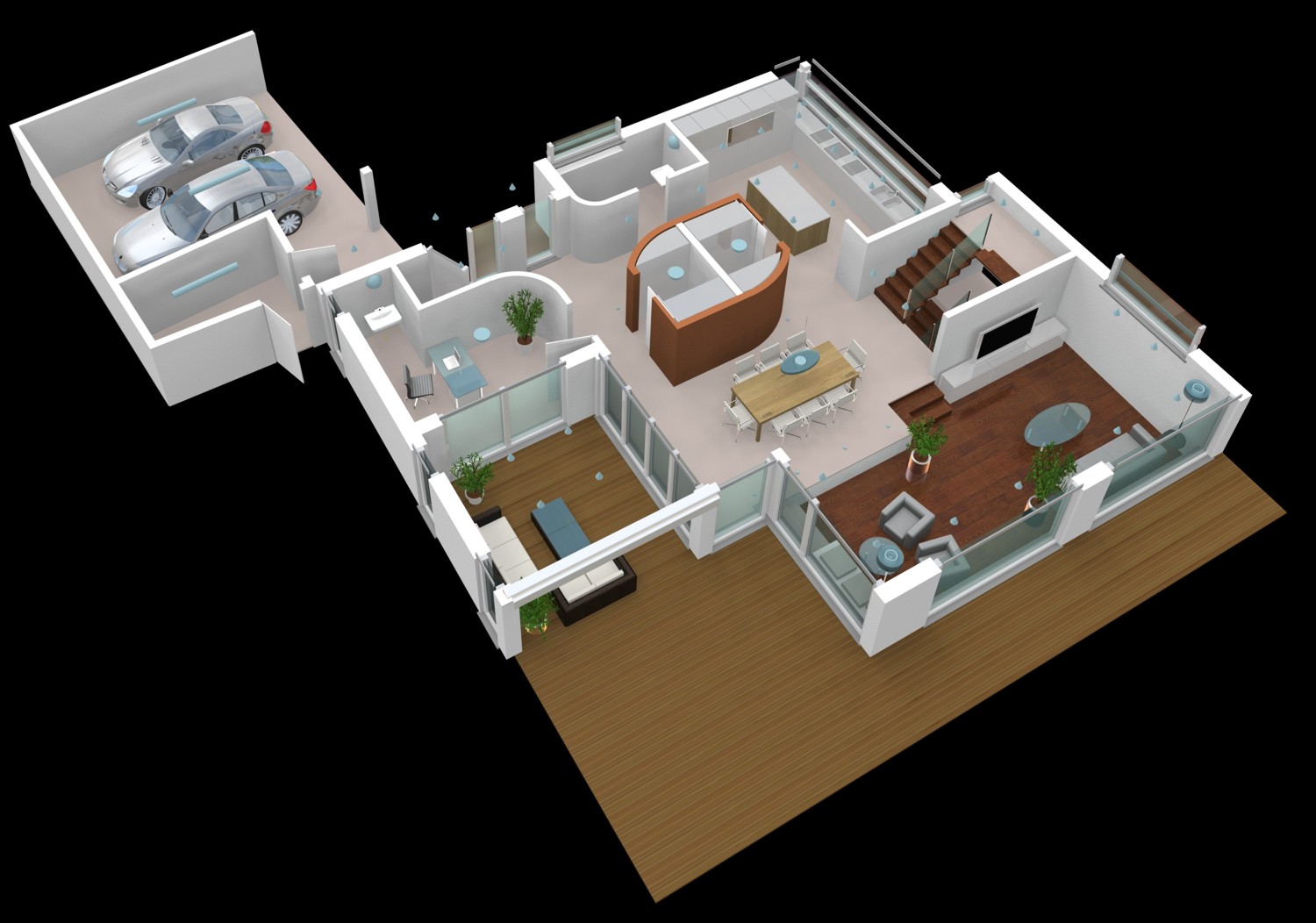 3D Architekturvisualisierung Grundriss der Erdgeschoss-Ebene für interaktive Touch-Displays mit interaktiven Licht-, Jalousien-Steuerung eines e-houses für iTrain GmbH, Switzerland (Jahr 2009)