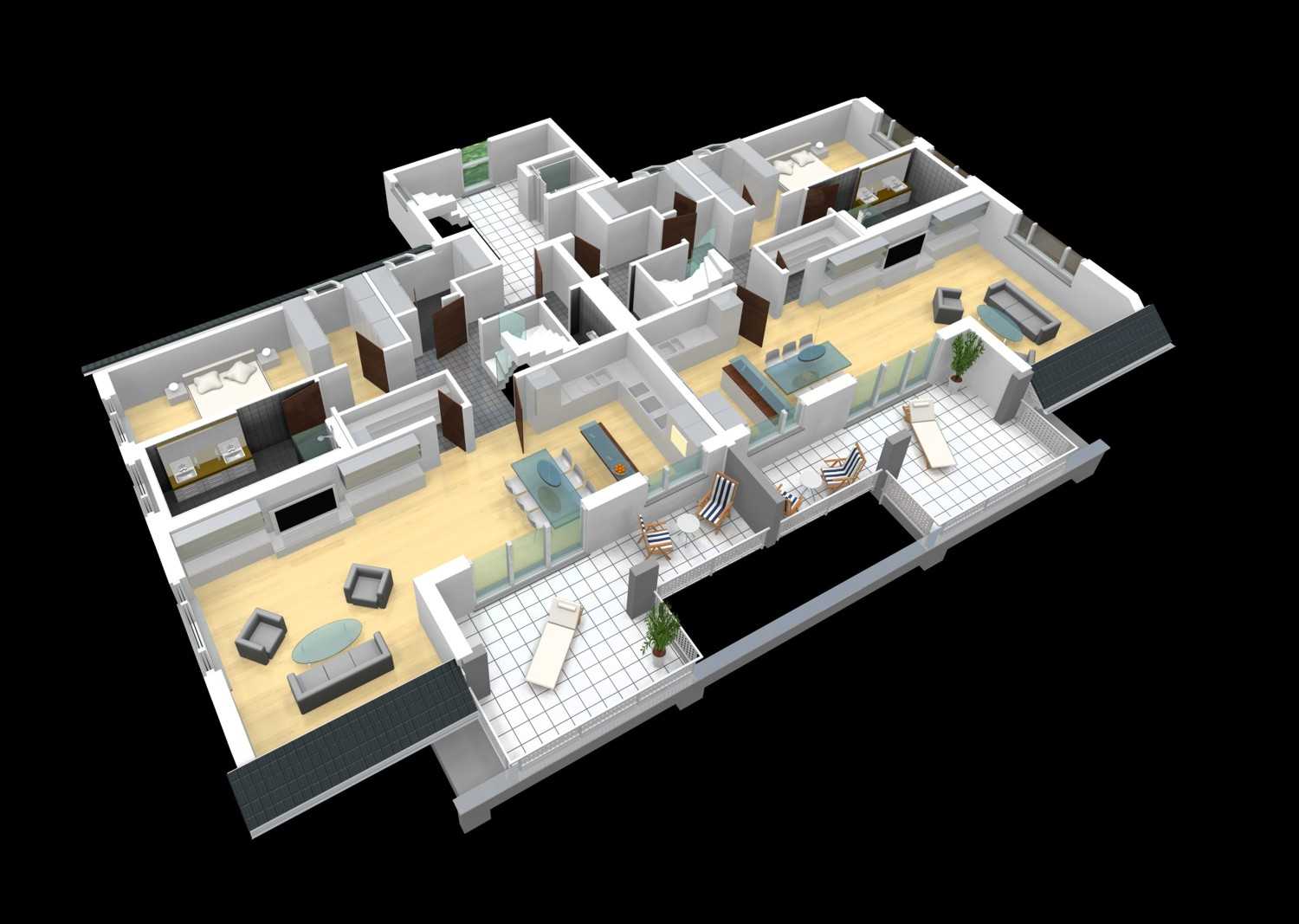 Perpektivische Darstellung in 3D einer Gebäude-Ebene / eines Grundrisses eines Doppelhauses für Bau Invest GmbH (Jahr 2012)