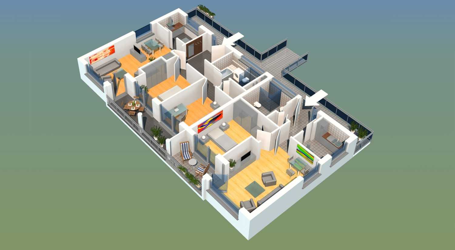 Architektur Visualisierung 3D Grundriss Obergeschoss Mehrfamilienhaus für Architekturbüro Münzel (Jahr 2008)