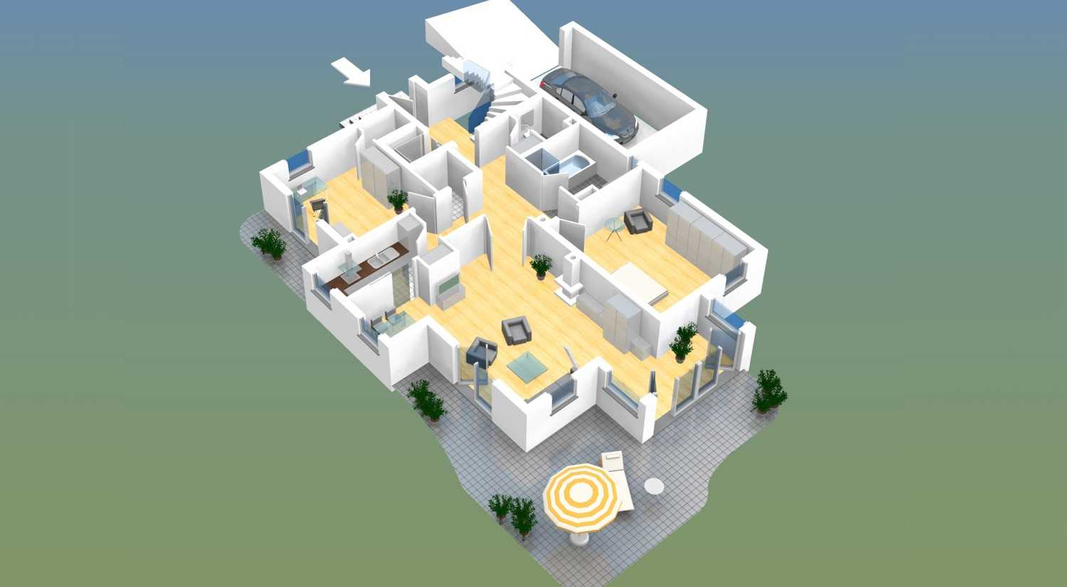 Architekturvisualisierung 3D-Grundriss der Erdgeschoss-Ebene für Neubau eines Einfamilienhauses für DOMINO Bau-& Handels-GmbH (Jahr 2008)